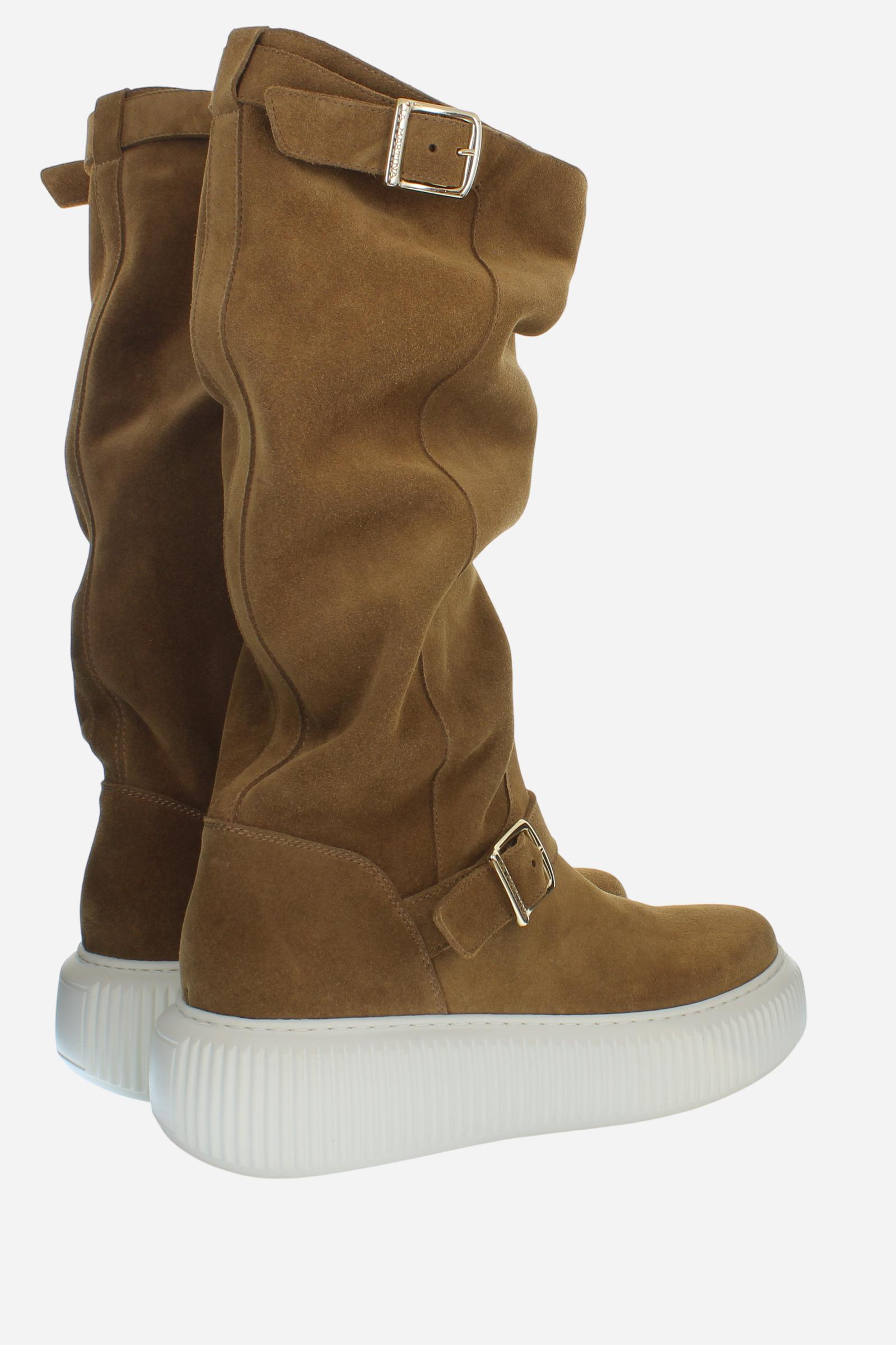 Women's high boots in soft suede with branded buckles and chunky rubber soles. A sporty and refined design for a unique and original style. - CAMEL