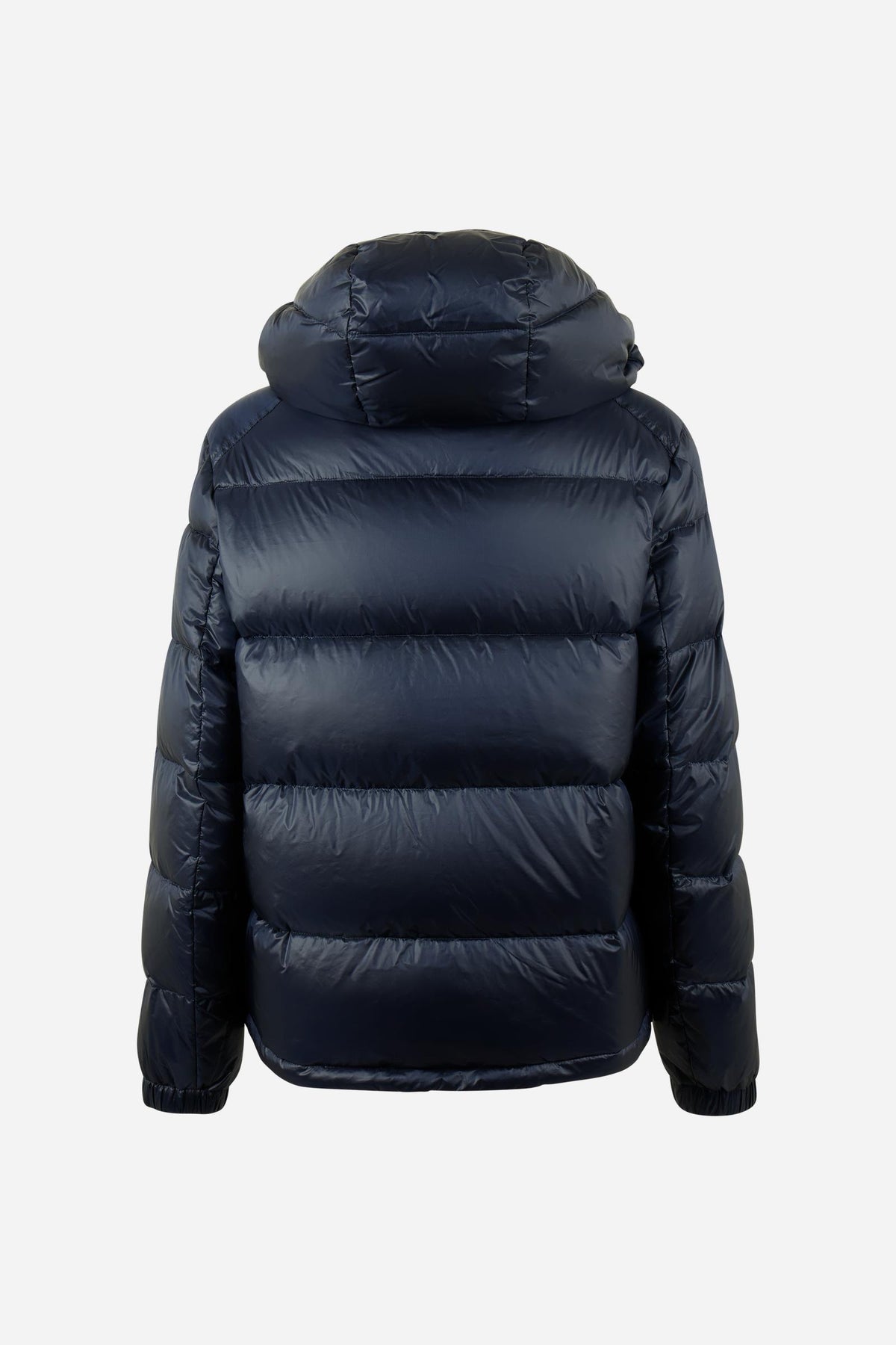 Men's padded feather bomber jacket with detachable hood, iridescent nylon, double zipper, snap buttons, adjustable drawstring, zippered pockets, and embroidered logo. - Navy Blazer