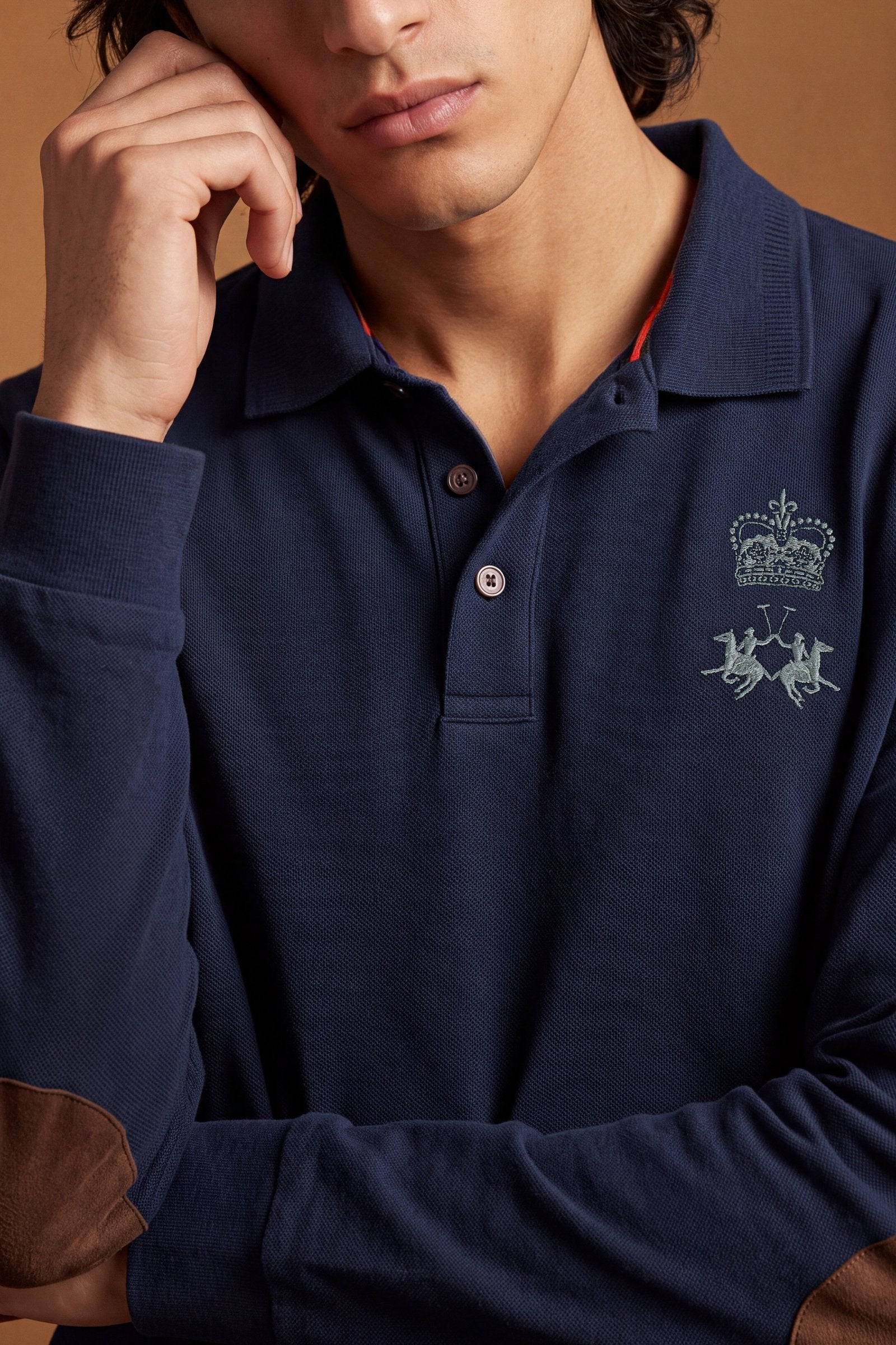 Men's long-sleeve cotton piqué polo with ribbed collar and cuffs, reinforced elbow patches, embroidered details, and a comfortable regular fit for lasting style. - Navy Blazer