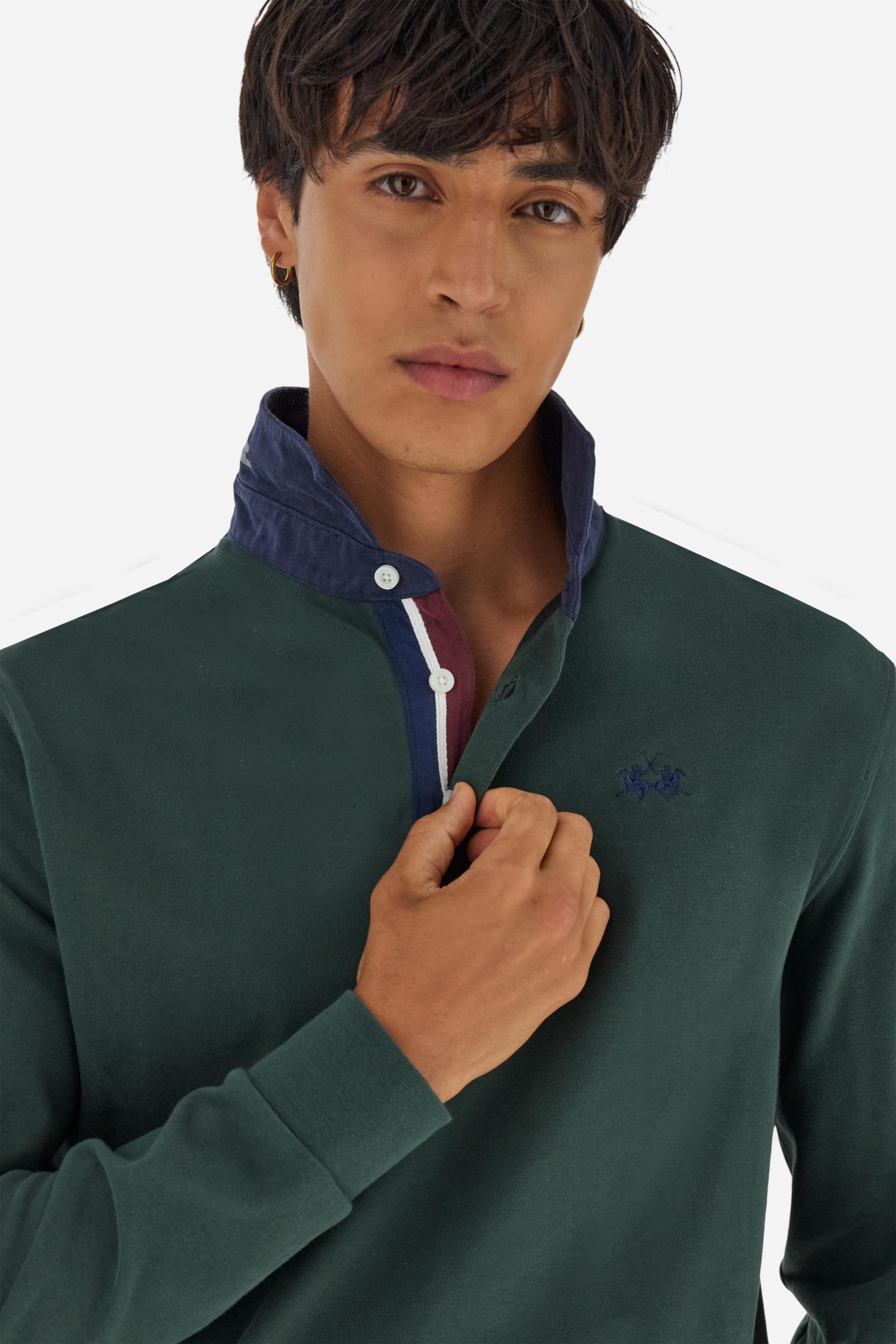 Classic men’s long-sleeve polo in soft-touch 100% cotton jersey. Contrast gabardine collar, three-button placket with multicolor striped tape. Iconic La Martina lettering printed in contrast under the collar. Small contrast logo embroidered on the chest. Regular fit for a balanced silhouette. Model wears size L. - Sycamore