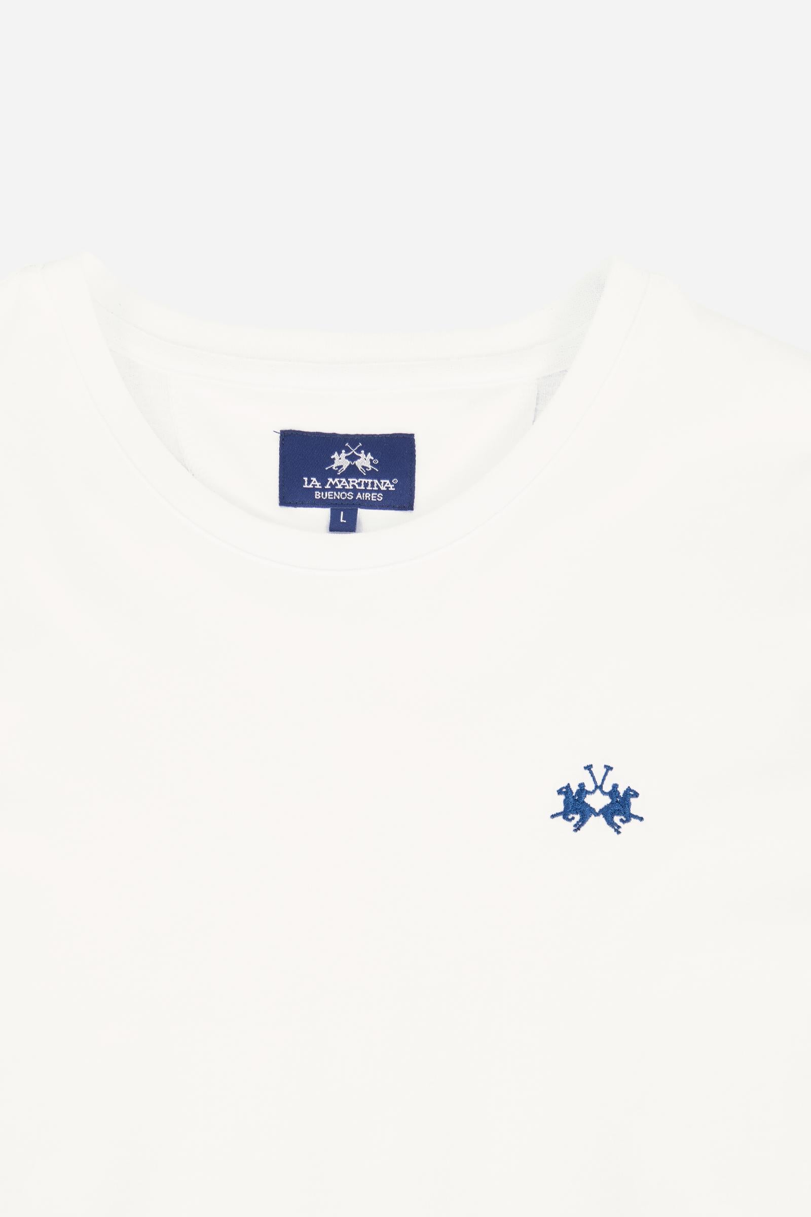 Men's short-sleeved crew-neck T-shirt in solid color with embroidered logo. Made of 100% cotton, perfect for a casual and trendy look with shorts or trousers. - Optic White