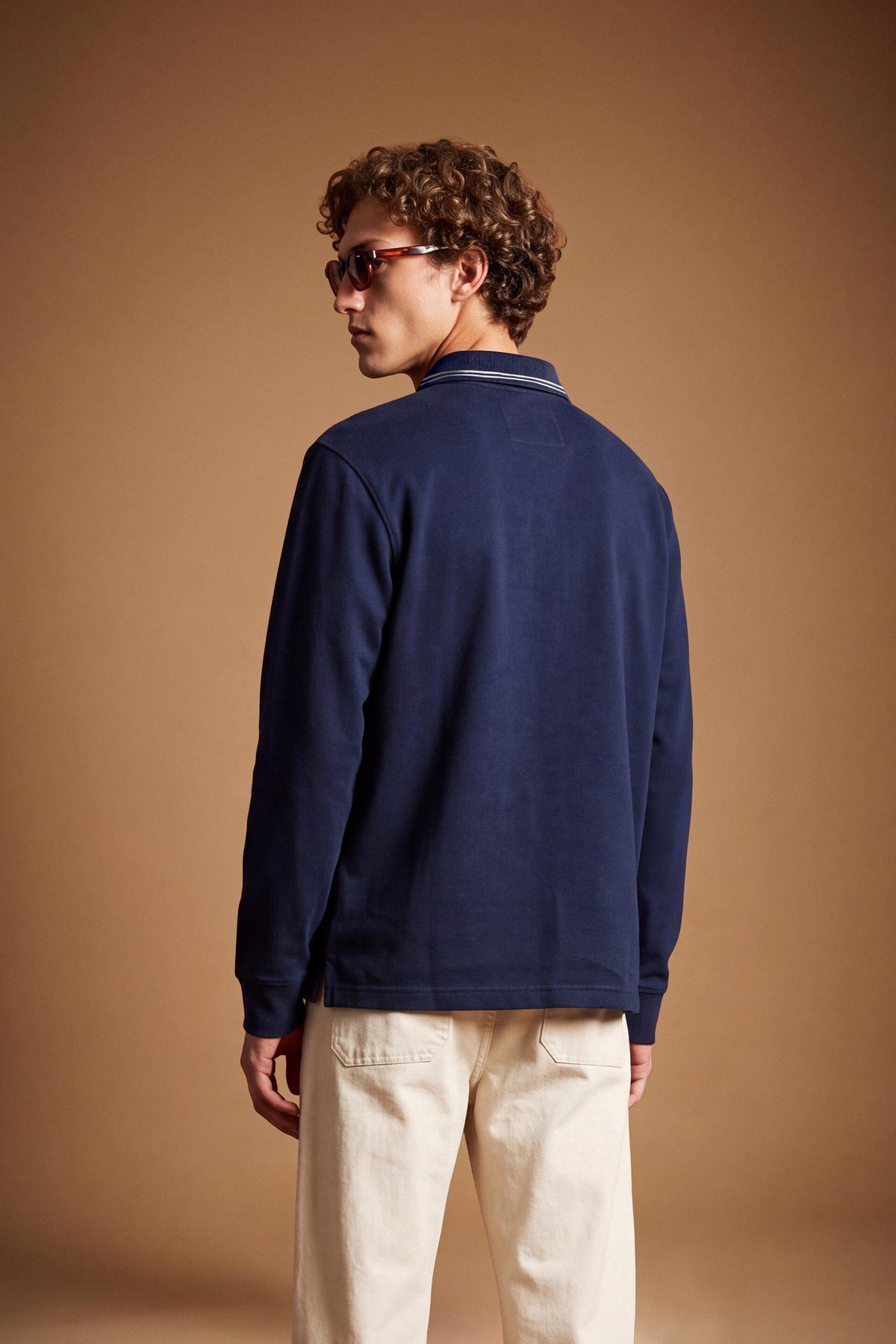Men's long-sleeve cotton piqué polo with a regular fit, ribbed collar and cuffs, contrasting details, and multicolored embroidered logos for a refined look. - Navy Blazer
