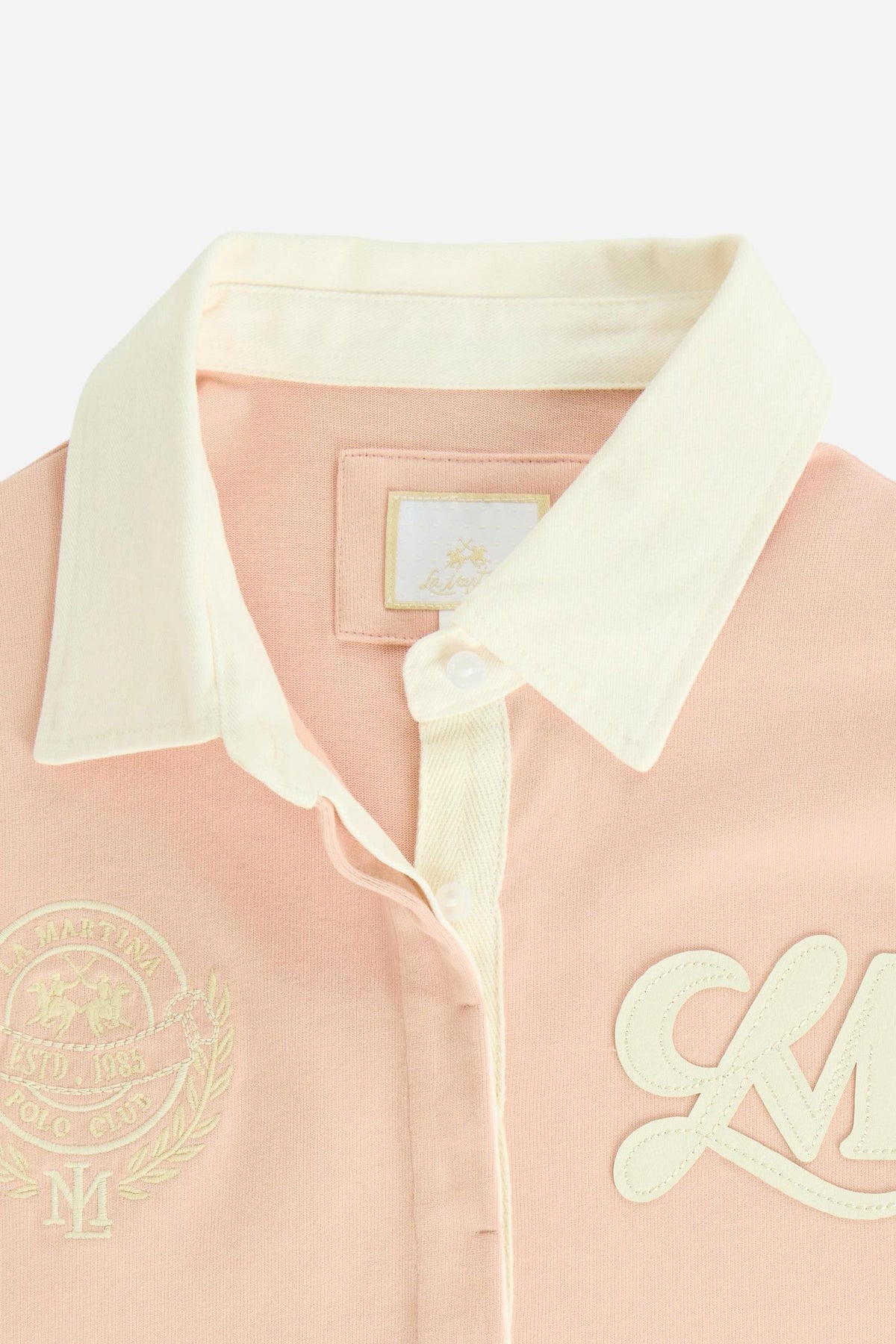 Women's long-sleeve polo in heavy-weight cotton jersey with a comfortable fit, straight cut, rugby collar, concealed front opening, embroidered crest, and LM patch. - Pale Mauve