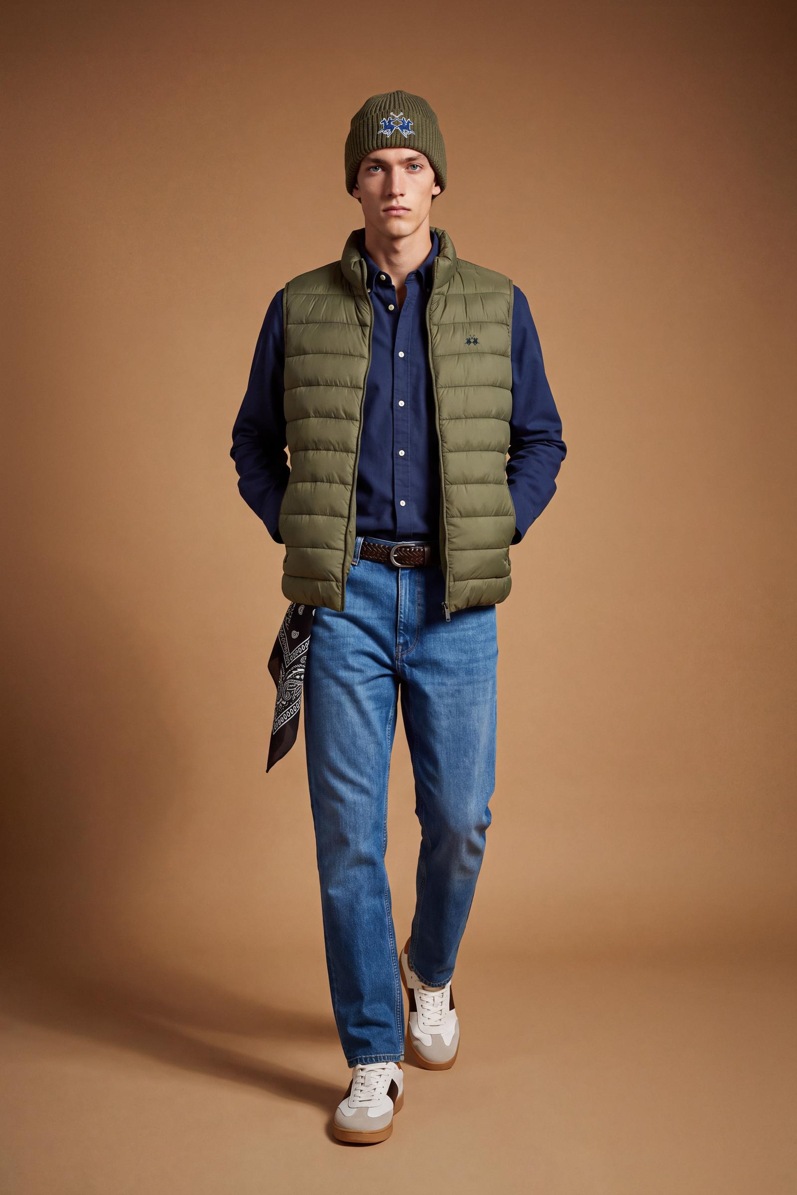Men's sleeveless down jacket in lightweight nylon with wadding padding for warmth, zippered pockets, high collar, and contrasting interior and logo details. - Burnt Olive