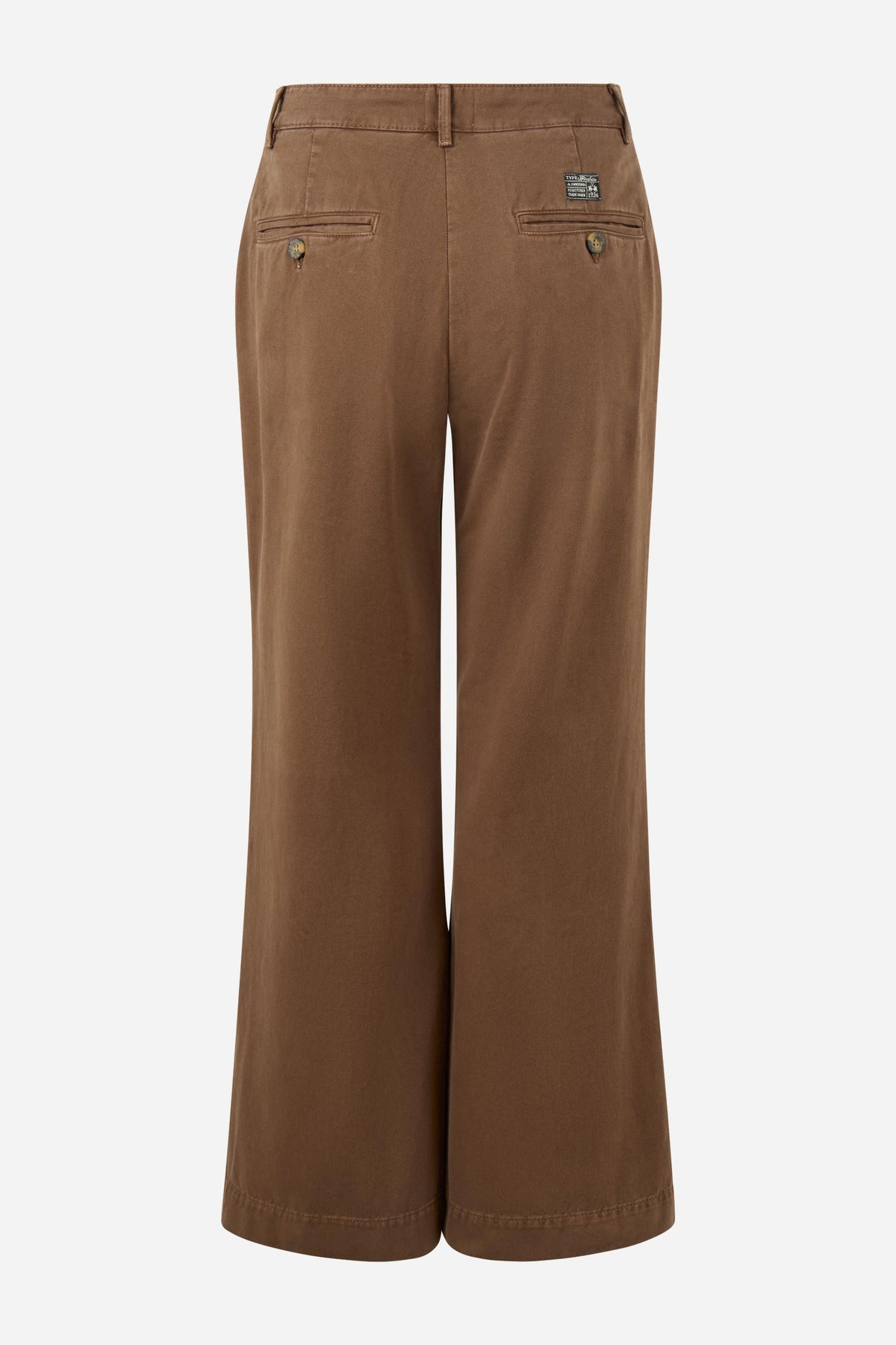 Women’s 100% cotton twill trousers with a regular hip fit, wide flared legs, belt loops, front zipper, button closure, side pockets, and buttoned back pockets. - Carafe
