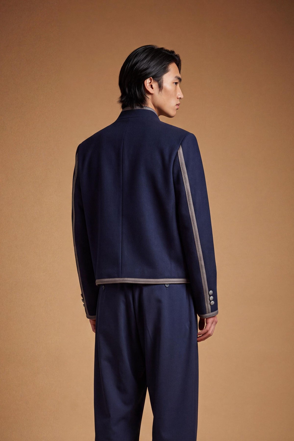 Men's long-sleeve wool blend jacket with structured fit, contrasting lining, braided trims, frog closures, metal buttons, and detailed craftsmanship for a refined look. - Navy Blazer