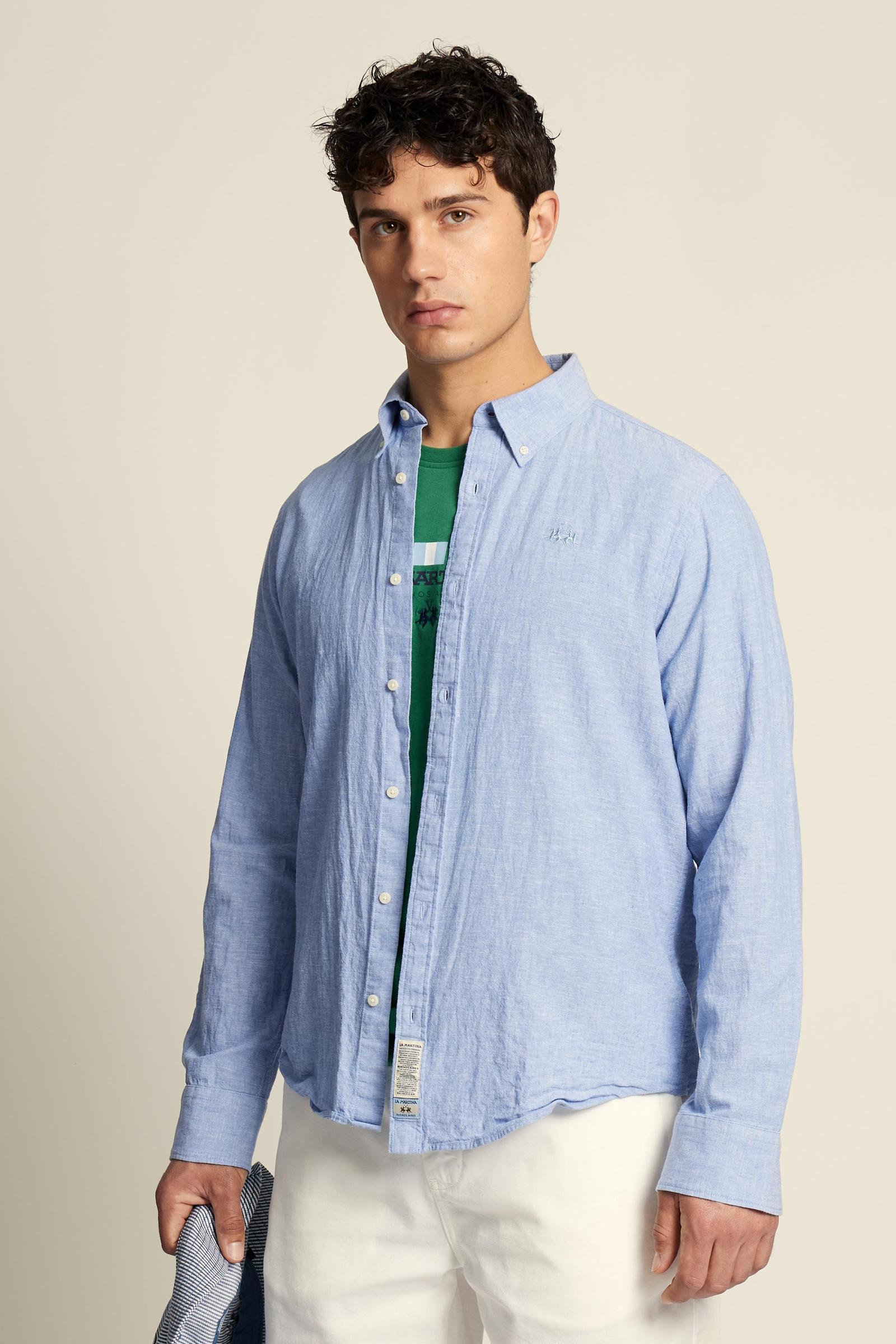 Men’s regular fit cotton and linen shirt with small logo - Rodolfo