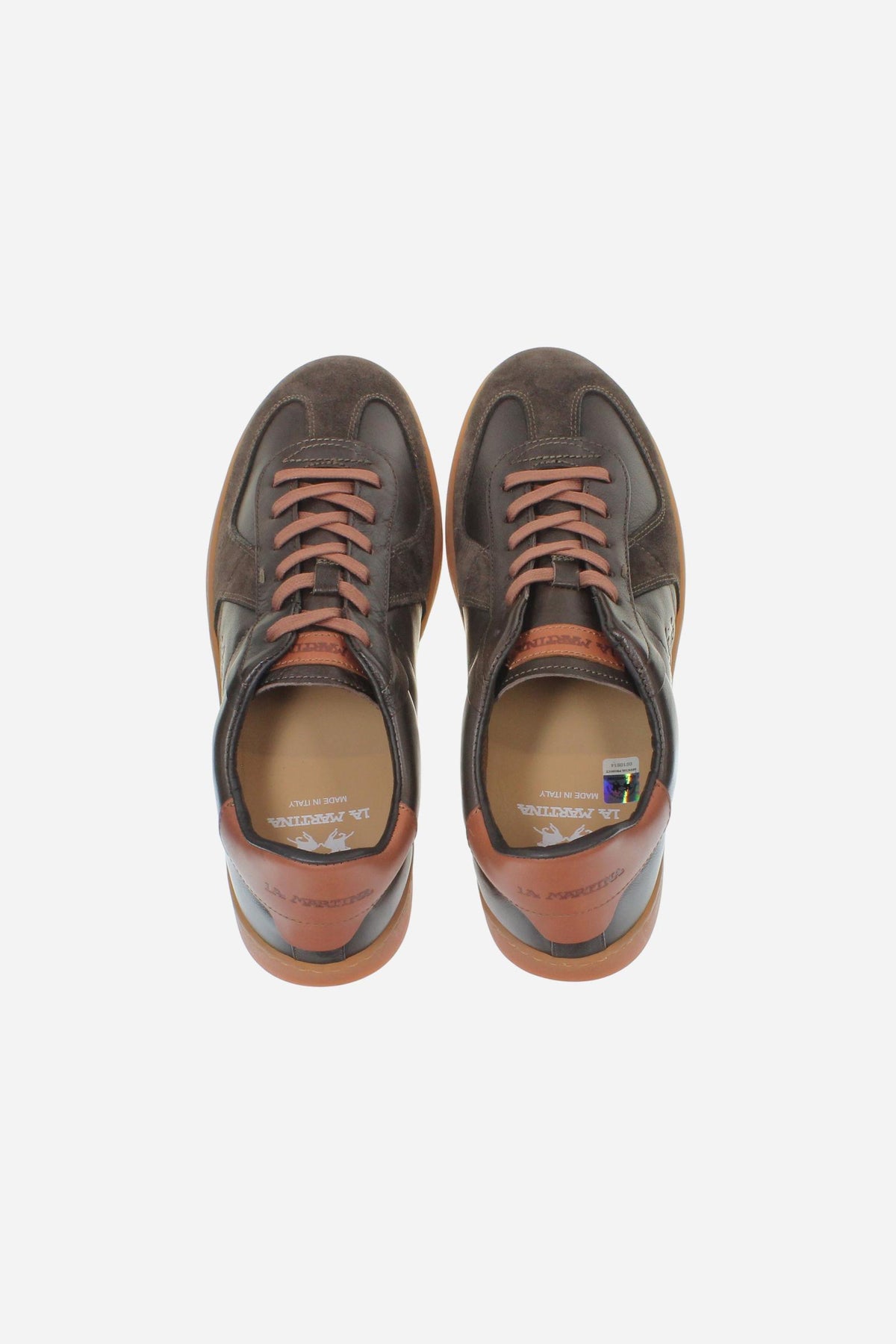 Men's deconstructed sneaker in vegetable-tanned calf leather and suede, with tone-on-tone stitching, honey rubber sole, Strobel construction, and Italian craftsmanship. - Black/Black