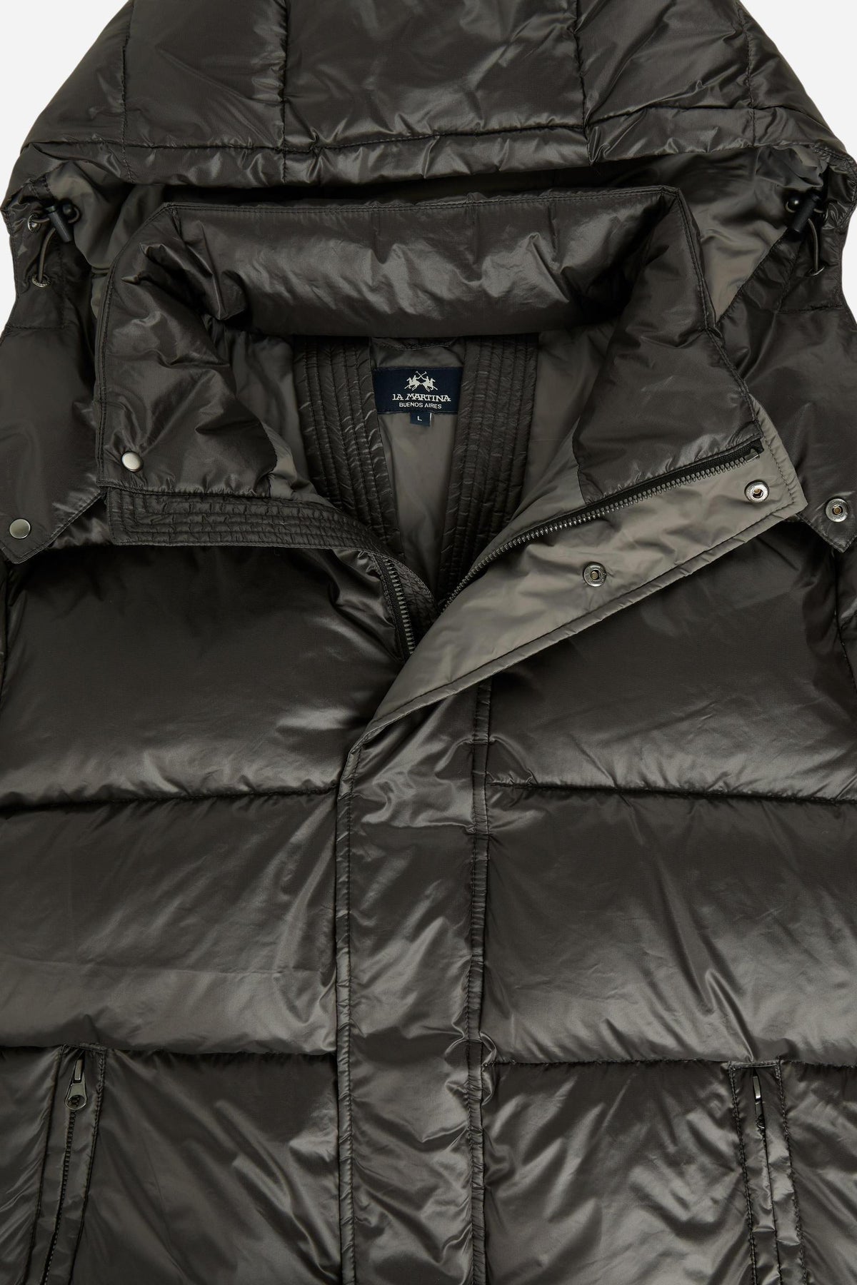 Men's padded feather bomber jacket with detachable hood, iridescent nylon, double zipper, snap buttons, adjustable drawstring, zippered pockets, and embroidered logo. - Black