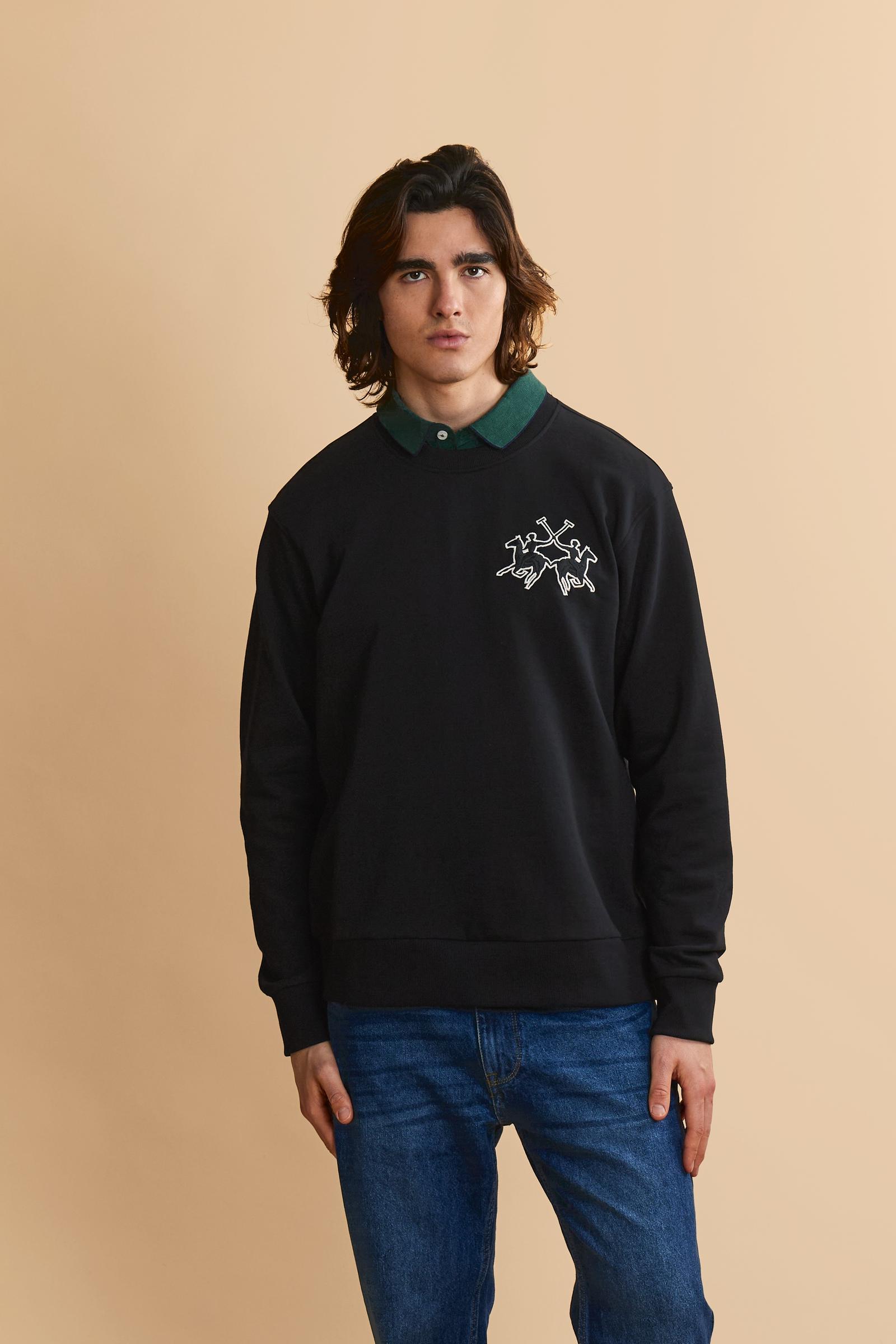 Men's crew-neck sweatshirt in 100% cotton diagonal fleece. Features a ribbed collar, cuffs, and hem, with a modern cut and exclusive maxi 3D embroidered logo. - Black