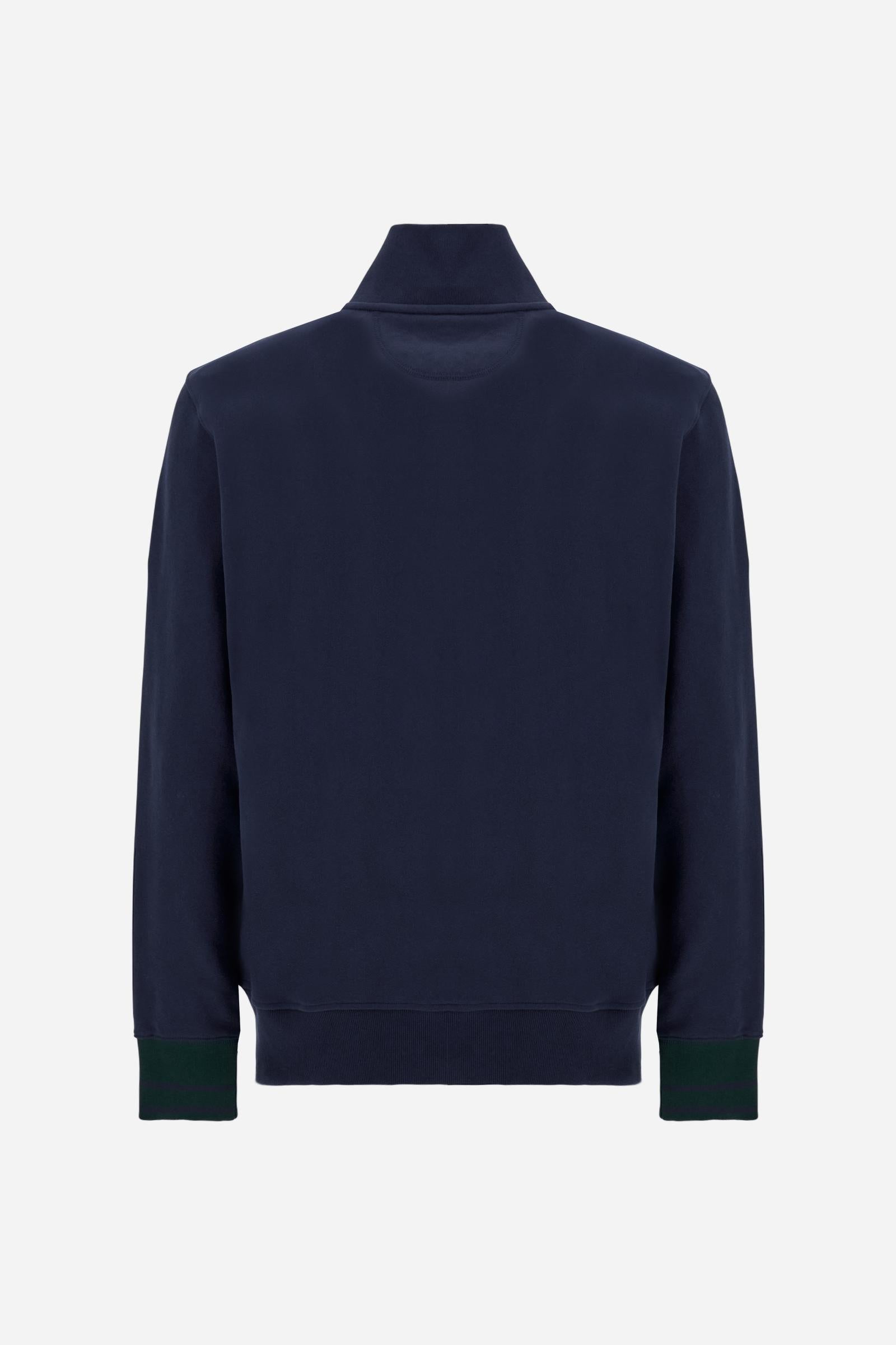Men's long-sleeved sweatshirt in solid cotton with customised front zip. Contrast rib cuffs and inner collar with multicolour stripe add character. Chest and sleeve decorated with graphics dedicated to the English polo team, large embroidered team logo on the chest. Regular fit providing comfort and functionality. Model wears size L. - Navy