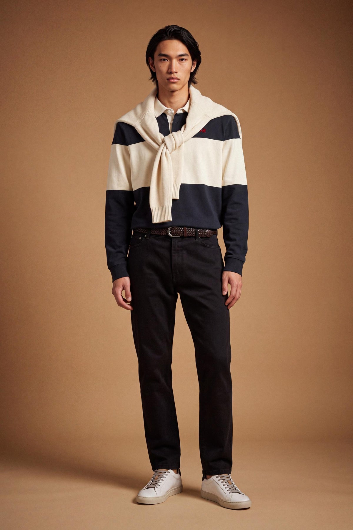 Men's stretch cotton twill trousers with a regular fit, straight leg, American-style side pockets, flap back pockets, and a waistband with zip, button, and belt loops. - Black