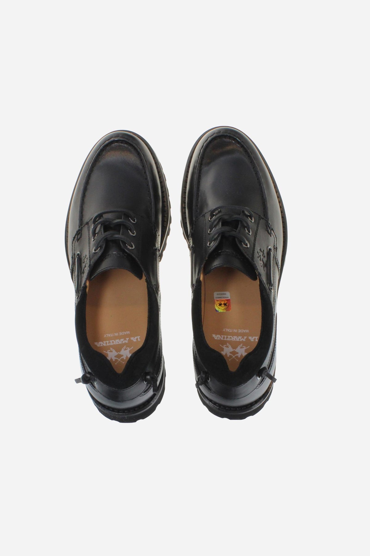 Men's leather boat shoe with handcrafted moccasin stitching, padded nappa collar, leather laces, and Vibram® sole for lightweight comfort, cushioning, and grip. - Black