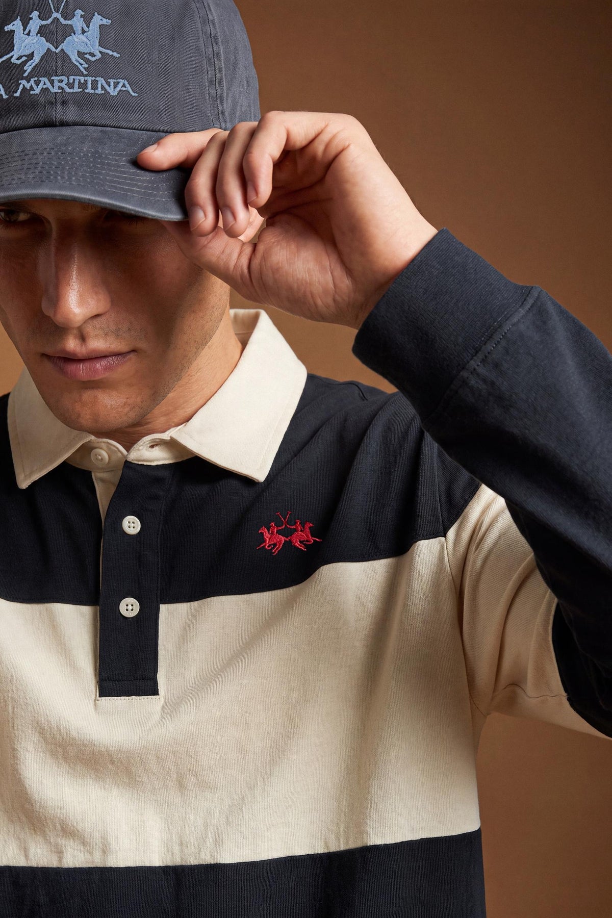 Men's long-sleeve polo in heavy 100% cotton jersey with two-tone collegiate color block, rugby construction, contrasting collar, and embroidered logo for comfor - Navy Blazer/Pristine