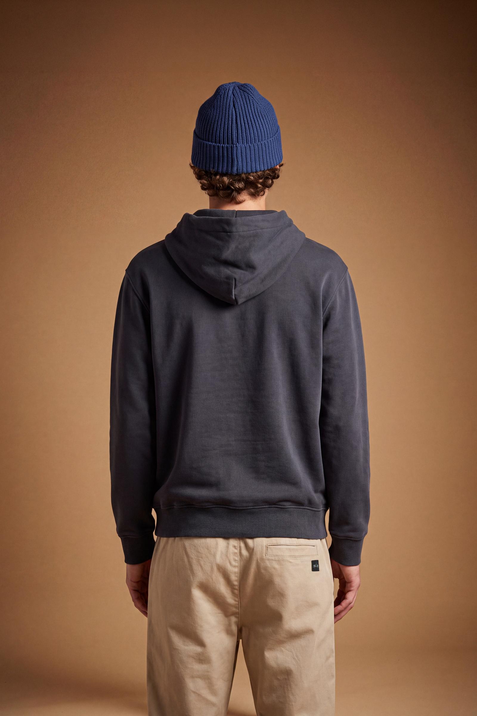 Men's long-sleeve sweatshirt in 100% cotton brushed fleece with adjustable hood, front zipper, kangaroo pockets, ribbed cuffs, and a relaxed fit for comfort. - Navy Blazer