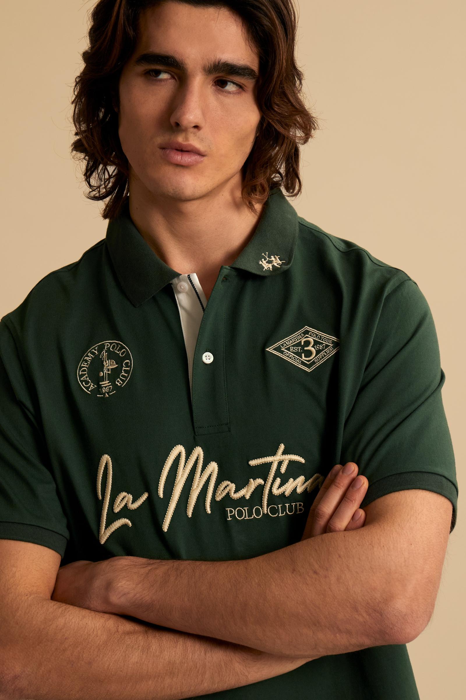 Short-sleeve polo in heavy cotton jersey with contrast details under the collar and placket. “La Martina Polo Club” embroidery on the chest with “Academy Polo Club” crest and additional embroidered detail. Soft contemporary fit. - Pineneedle                                                                                                                                                                                                                                                                               