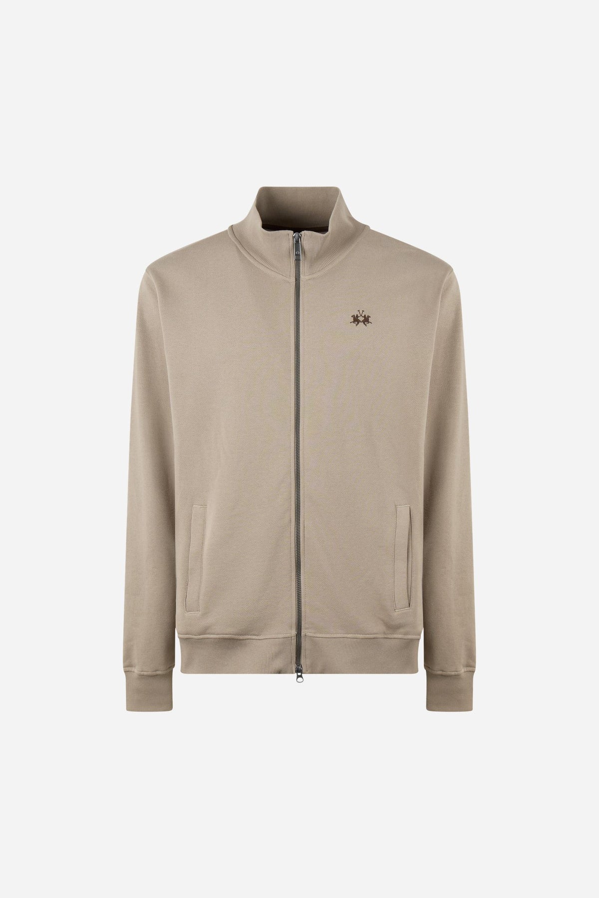 Men's 100% cotton fleece sweatshirt with a high collar, customized zipper, ribbed cuffs and hem, regular fit, and a subtle embroidered logo for comfort and style. - Vintage Khaki