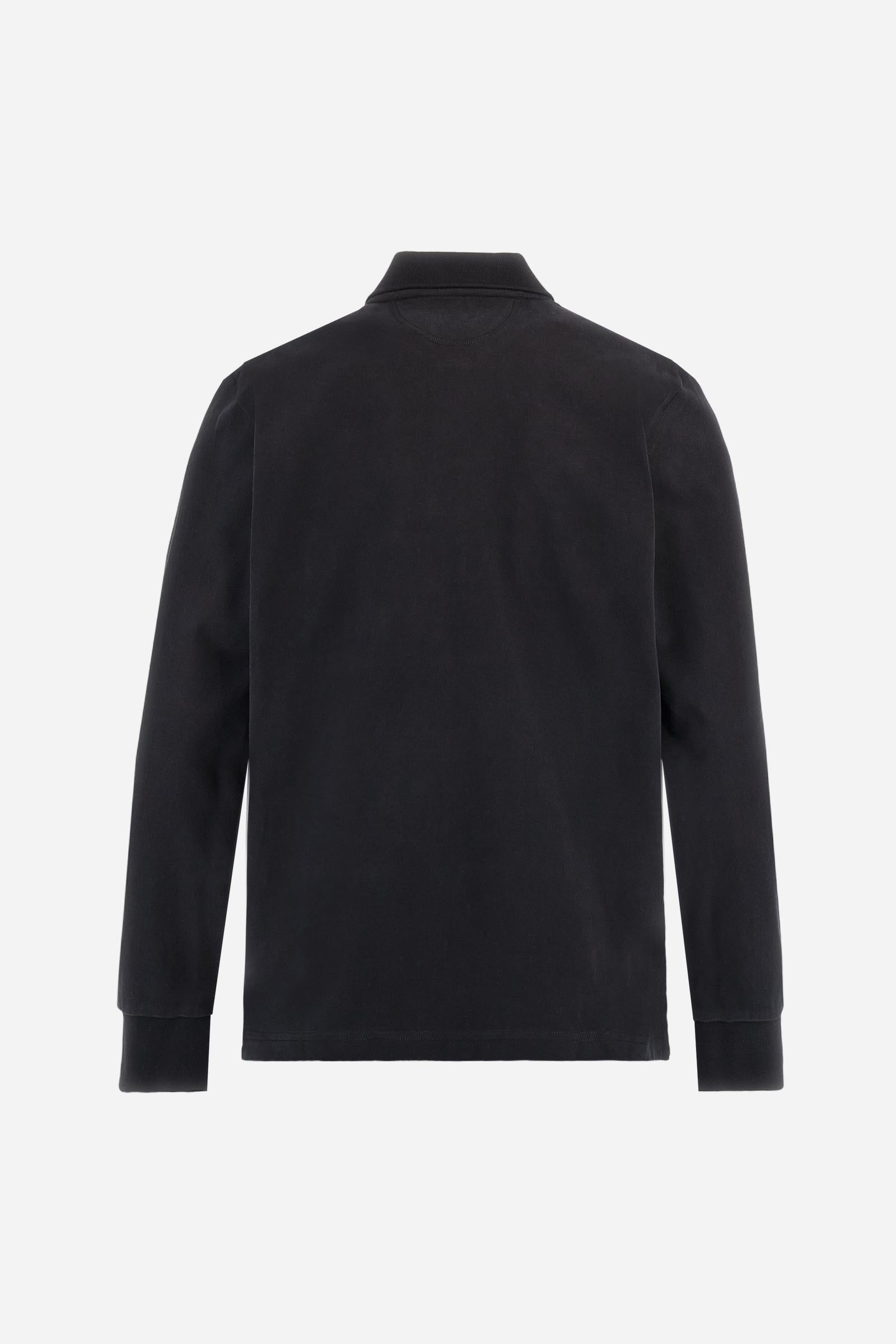 Men's long-sleeved solid colour, cotton jersey polo shirt. Two-button opening with contrasting details. Solid colour ribbed collar and cuffs. The chest features embroidered crests and lettering inspired by British royal heritage. The number 3 features on a patch with a fringed edge. The small brand logo is embroidered next to the number in contrasting colour. Regular fit. The model is wearing a size L. - Black