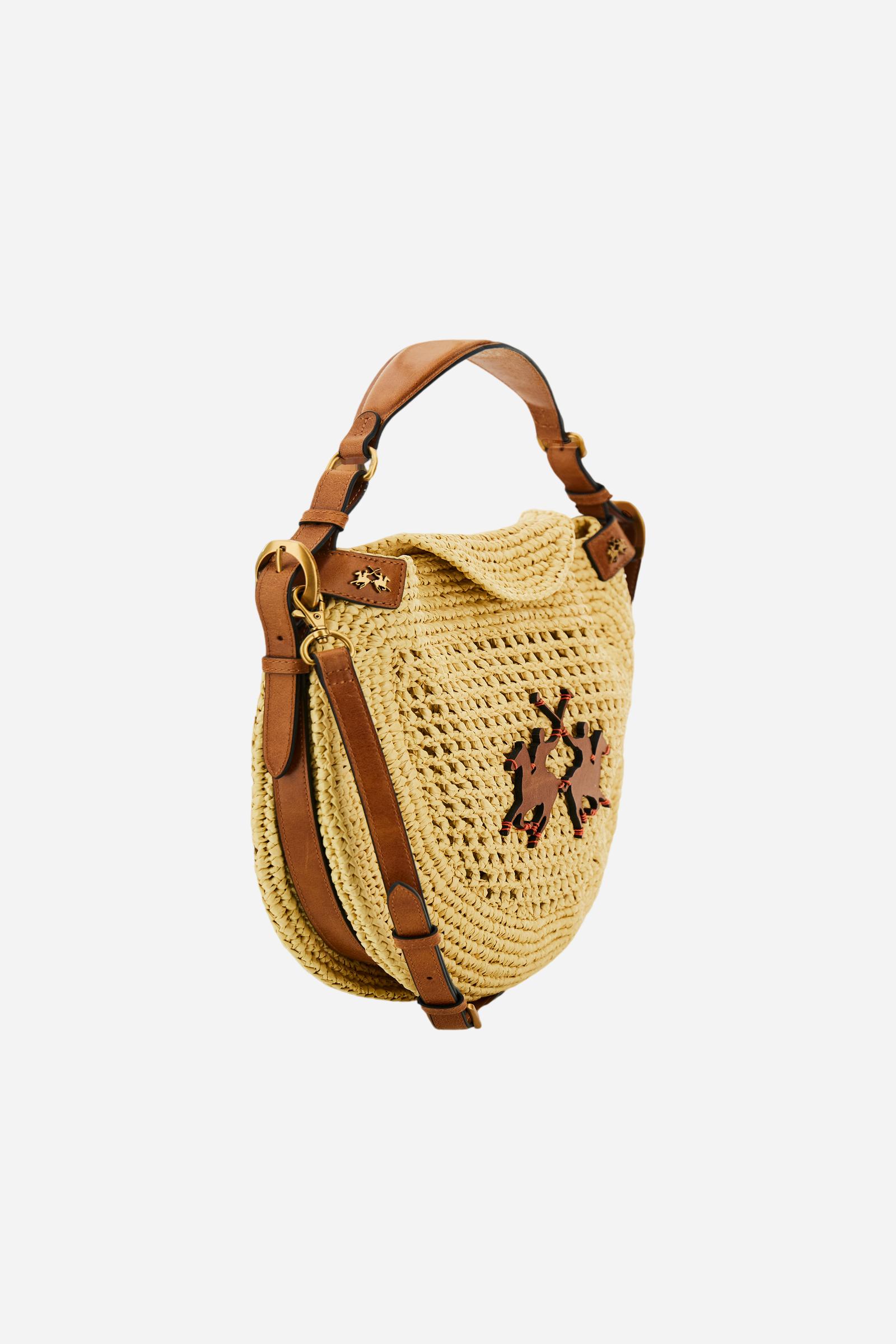 Shoulder bag in natural woven raffia with leather details, openwork texture, flap closure, adjustable strap, and lightweight cotton lining for stylish, versatil - Neutral/Cuoio