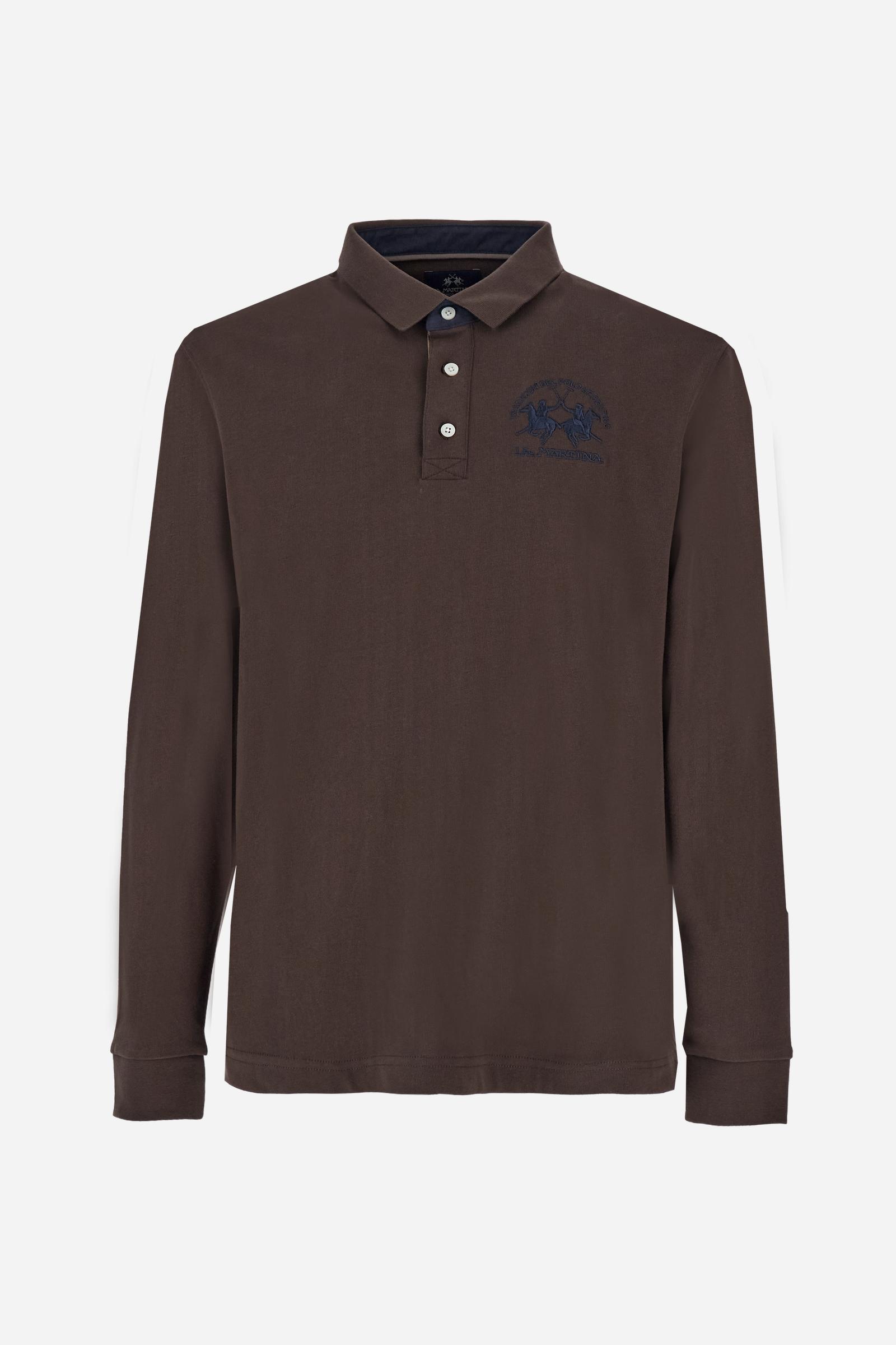 Men’s long-sleeve polo in premium soft-touch cotton jersey for a luxurious feel on the skin. Contrast gabardine details on the collar. Upper collar in tone-on-tone ribbing with printed La Martina lettering undercollar. Three customized buttons, enhanced by a multicolor striped tape on the placket. Contrast embroidered team logo on the chest. Regular fit. Model wears size L. - Java