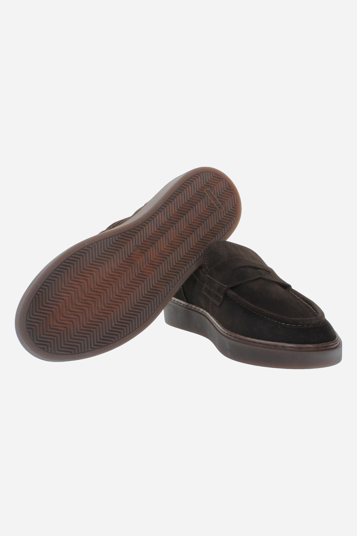 Men's suede loafer with glove stitching, embossed logo, and brown rubber sole for comfort and style. Handcrafted in Italy for casual and semi-formal wear. - Dark Brown