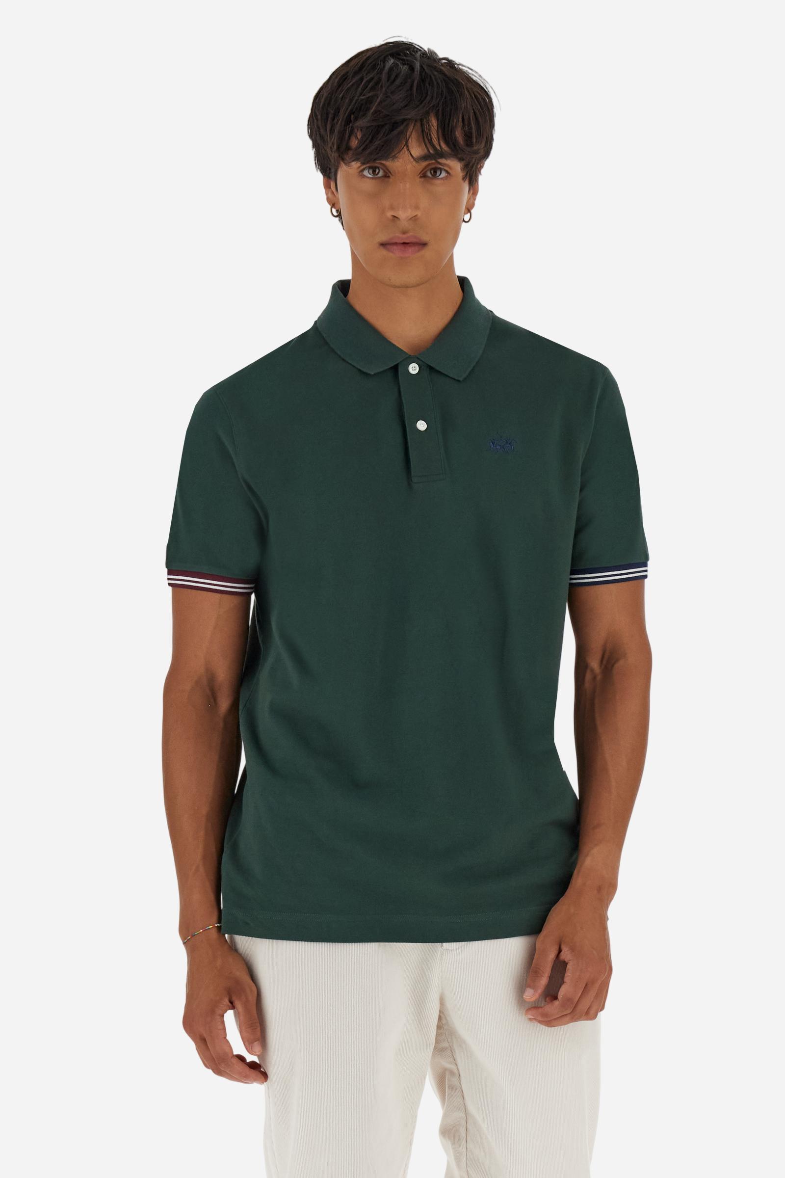 Men’s short-sleeve polo in high-quality stretch cotton piqué, ensuring excellent breathability and flexibility. Classic ribbed collar, two-button placket with customized buttons. Inner collar enriched with contrast tapes and colors for a modern touch. Multicolored ribbed cuffs with different patterns. Small contrast logo embroidered on the chest. Regular fit. Model wears size L. - Sycamore