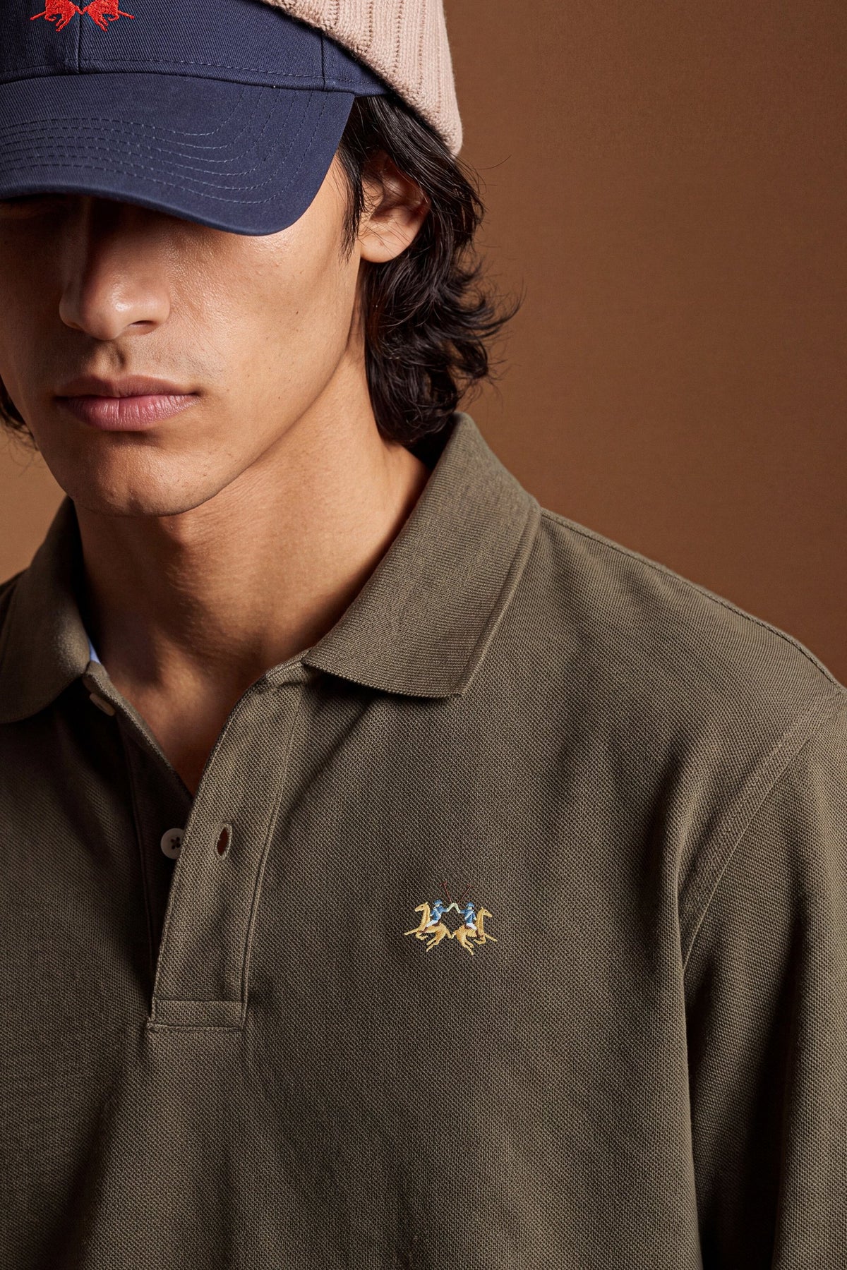 Men’s long-sleeve polo in stretch cotton piqué offers comfort, flexibility, a ribbed collar with contrasting gabardine detail, slim fit, and embroidered logo - Hot Fudge