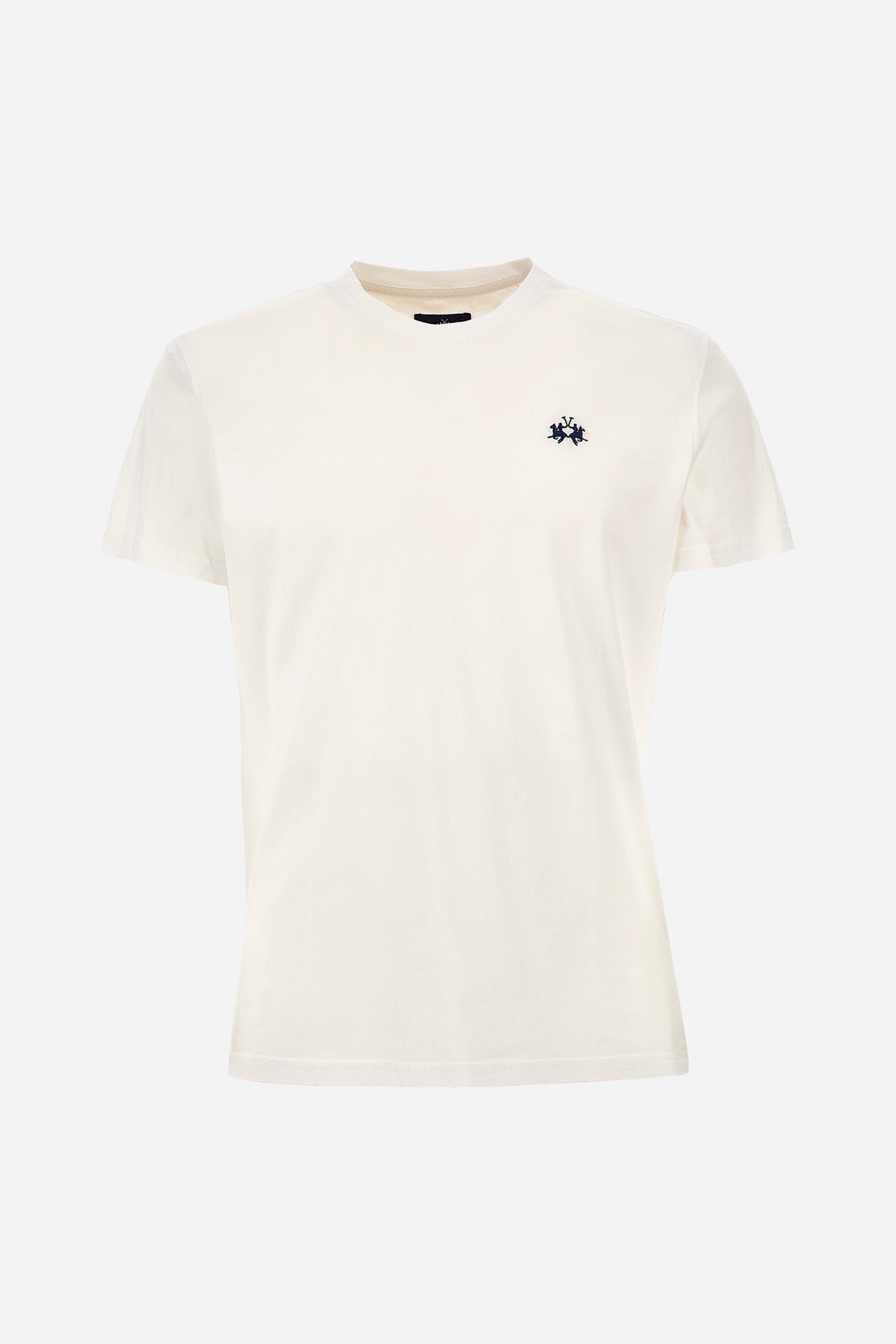 Men's short-sleeved crew-neck T-shirt in solid colour with embroidered logo in contrasting colour on the chest. Made of 100% cotton with a regular fit. It is perfect paired with Bermuda shorts or trousers for a casual and trendy look. Suitable for leisure time. The model is 187 cm tall and wears a size L. - Optic White