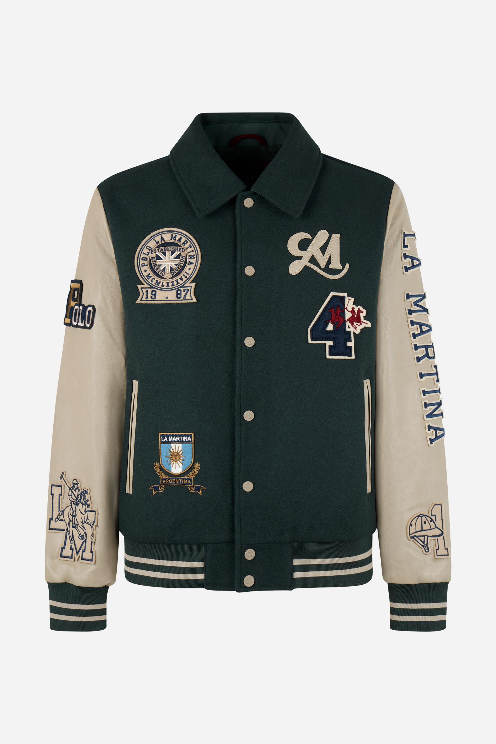 Men's long-sleeve varsity jacket with wool felt body, contrasting faux leather sleeves, ribbed trims, padded lining, chenille patches, and embroidered logo for classic style. - Scarab/Sheer Bliss