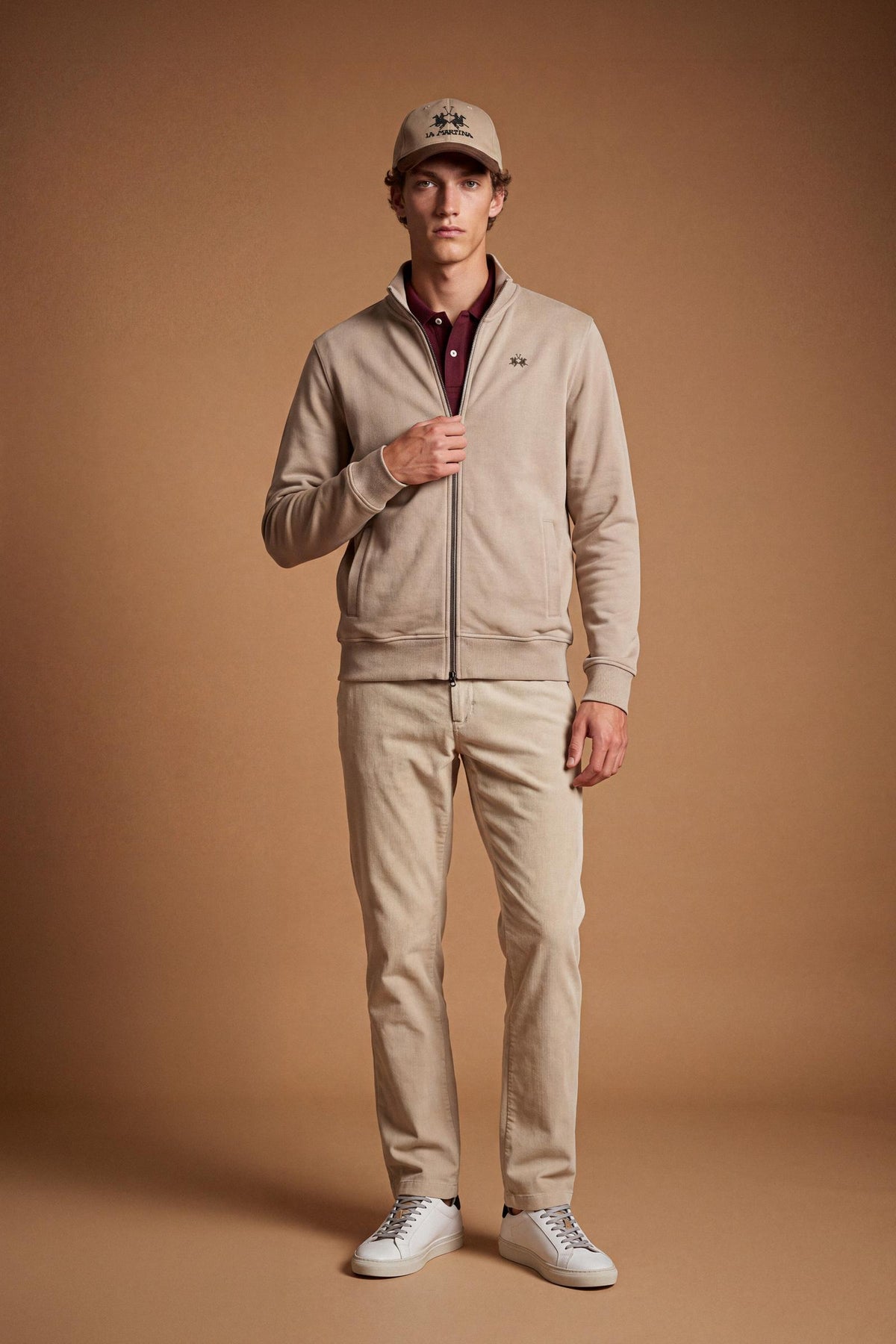 Men's 100% cotton fleece sweatshirt with a high collar, customized zipper, ribbed cuffs and hem, regular fit, and a subtle embroidered logo for comfort and style. - Vintage Khaki