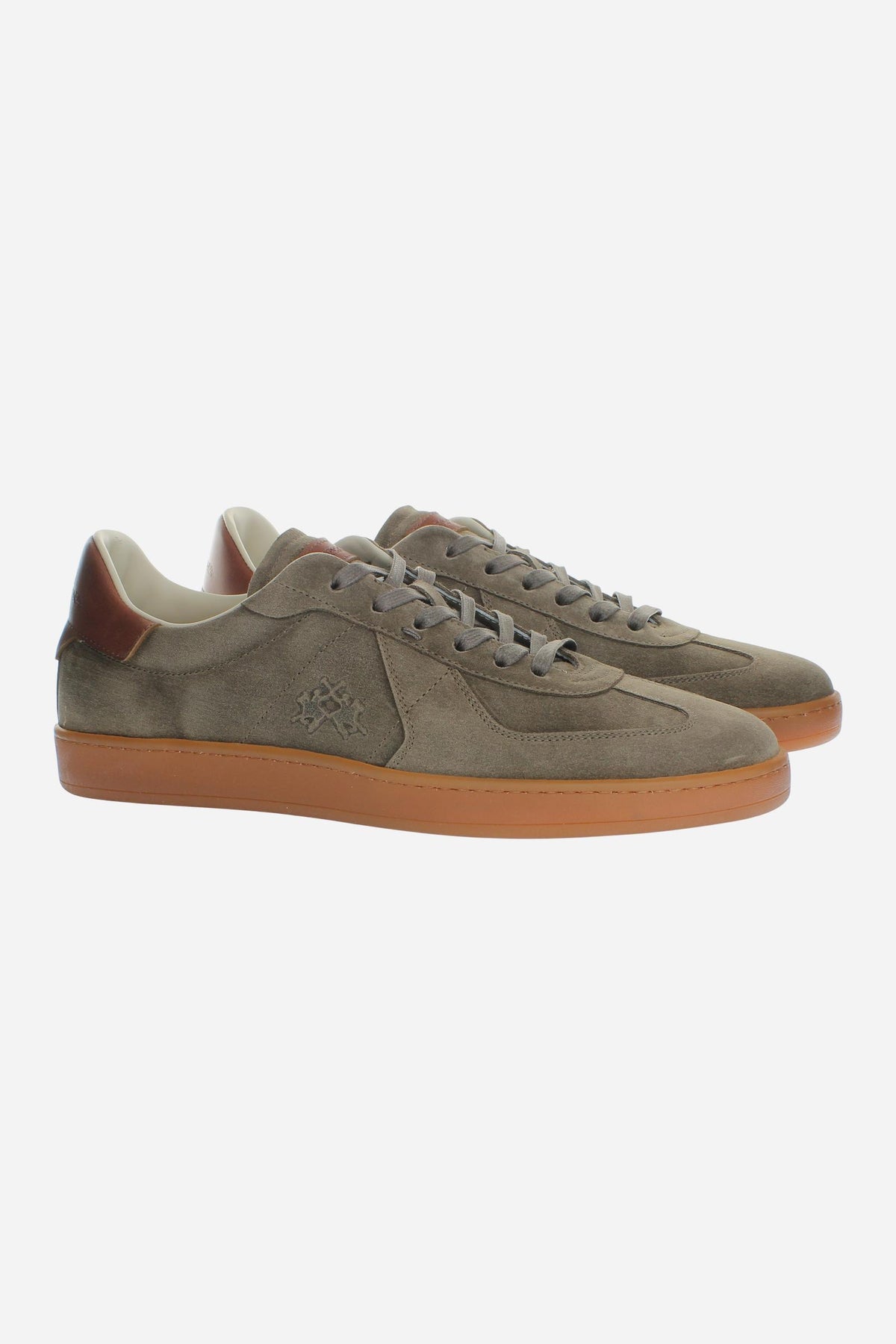 Men's sneaker in soft treated suede with flexible fit, artisanal topstitching, honey rubber sole, and Strobel construction for comfort and refined Italian craftsmanship. - Taupe Gray