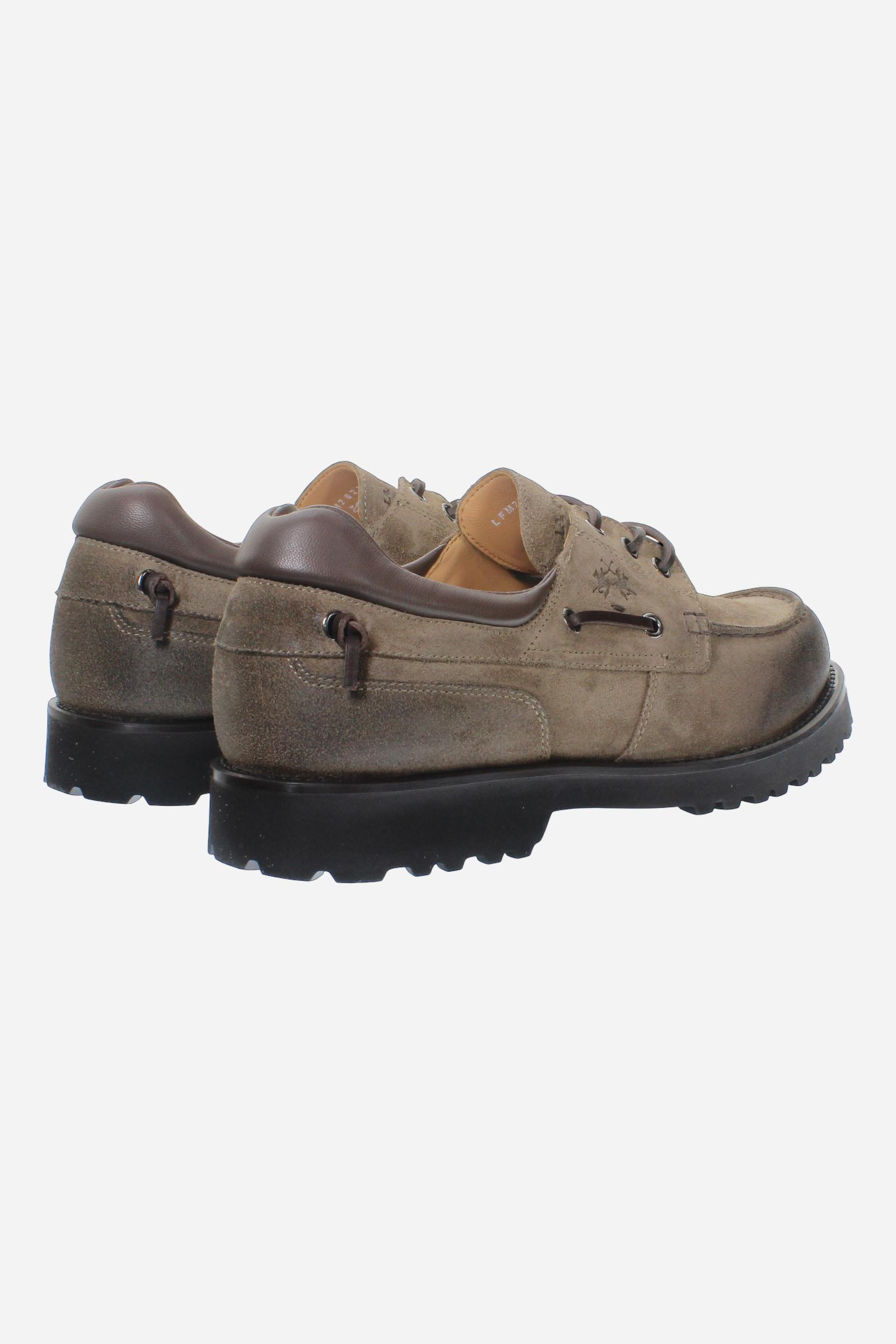 Men's suede boat shoe with handcrafted moccasin stitching, padded nappa leather collar, leather laces, and Vibram® sole for lightweight cushioning and grip. Made in Italy. - Taupe Gray