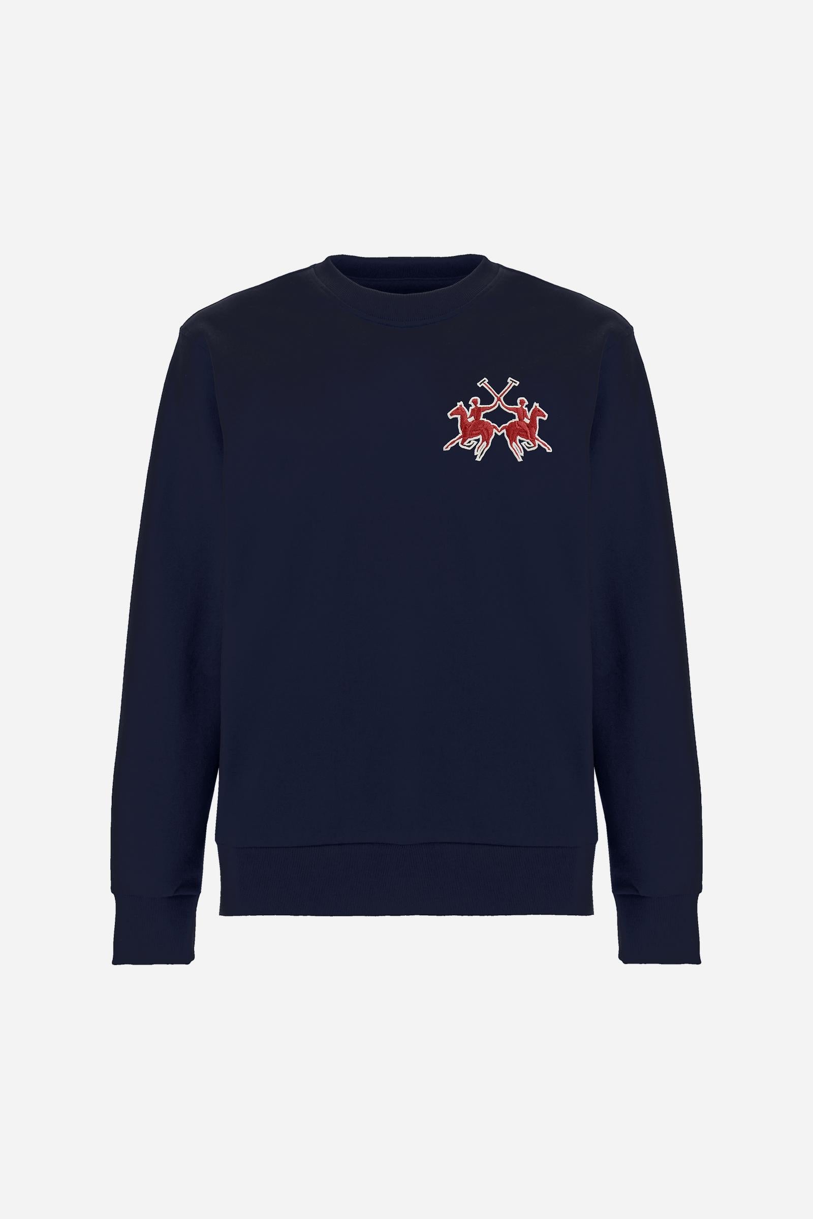 Men's crew-neck sweatshirt with long sleeves made from 100% cotton diagonal fleece. The model features ribbed collar, cuffs and hem in matching tone. The regular fit is enhanced by a modern cut with slightly structured shoulders. The design is distinguished by the exclusive maxi 3D embroidered brand logo in contrasting color on the chest. The model is wearing size L. - Navy                                                                                                                                        