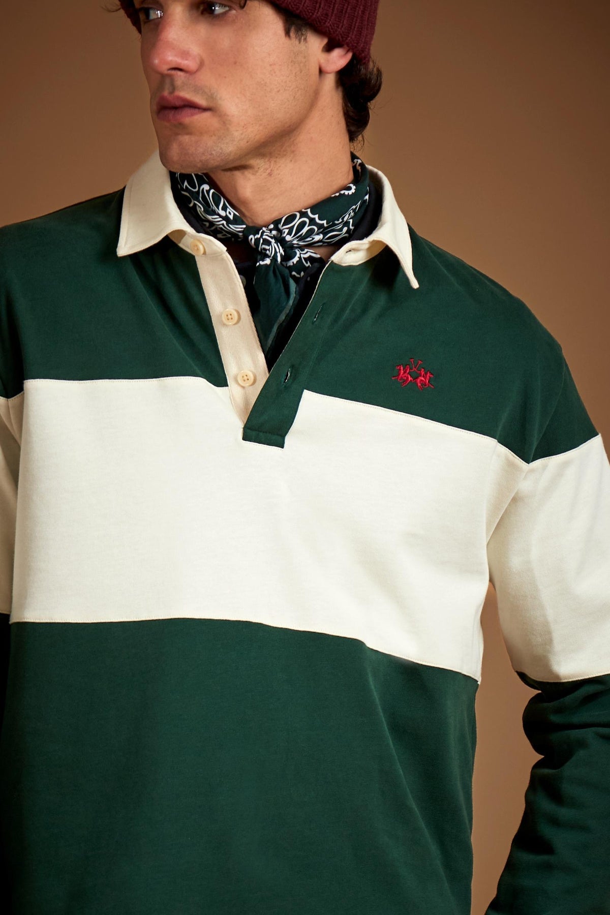 Men's rugby polo, heavy cotton jersey with large stripe - Dion