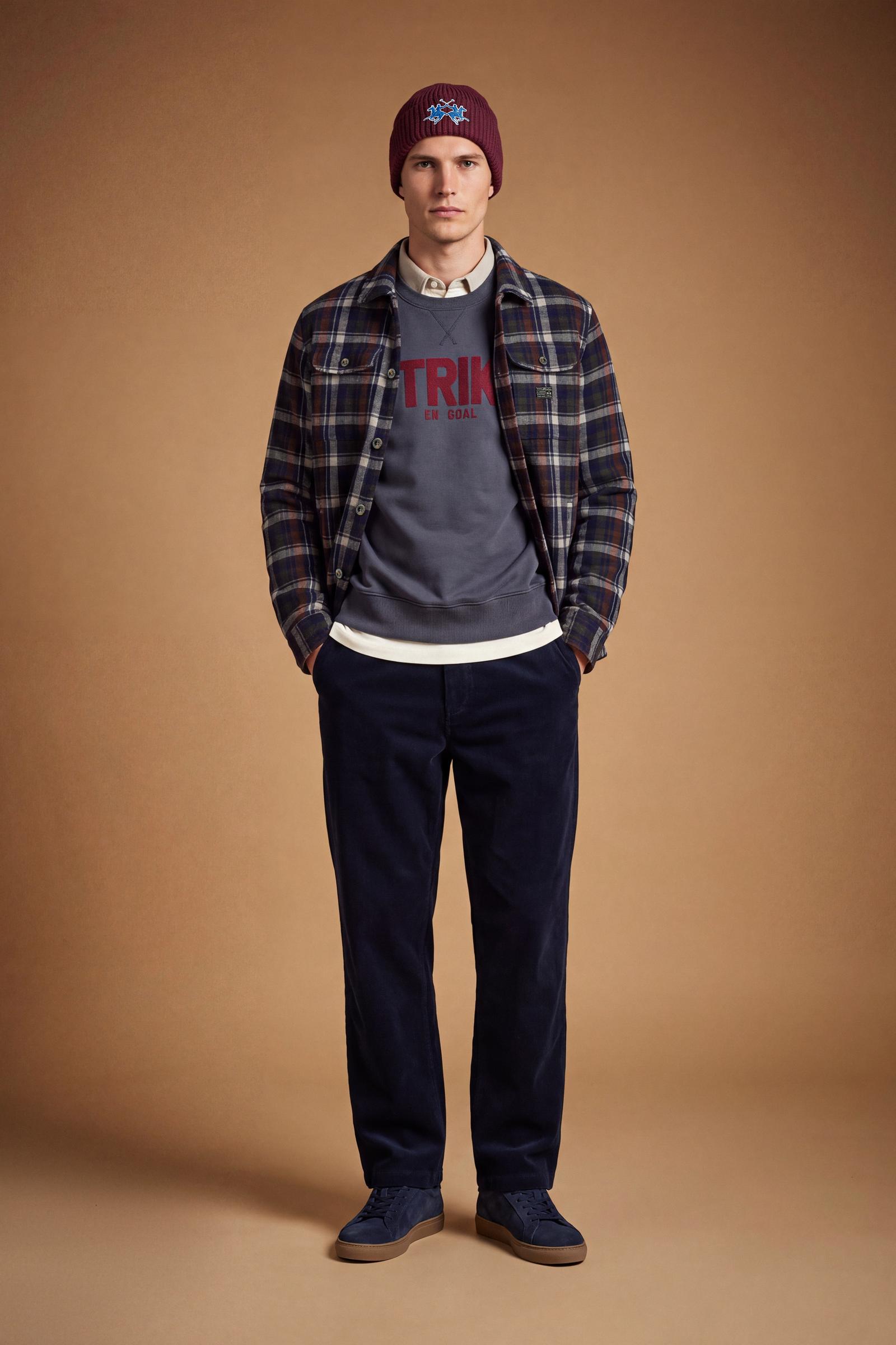 Men’s long-sleeve sweatshirt in soft 100% cotton with ribbed collar, cuffs, and hem. Relaxed fit with dropped shoulders and bold polo-inspired front print. - Navy Blazer