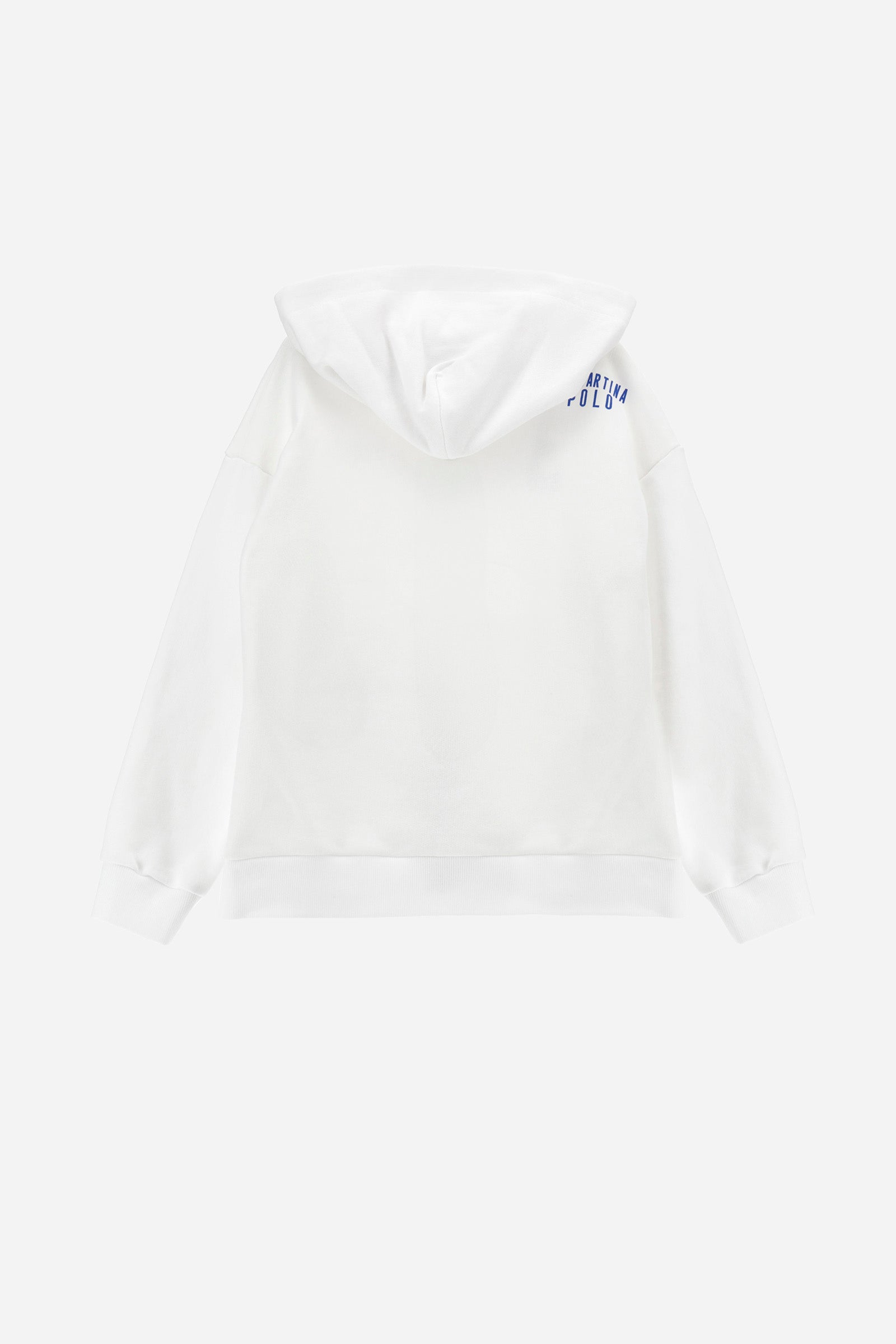 Children's cotton sweatshirt with hood and full-zip fastening. Practical and versatile design with double front pockets and rubberised prints on front and back. - Optic White