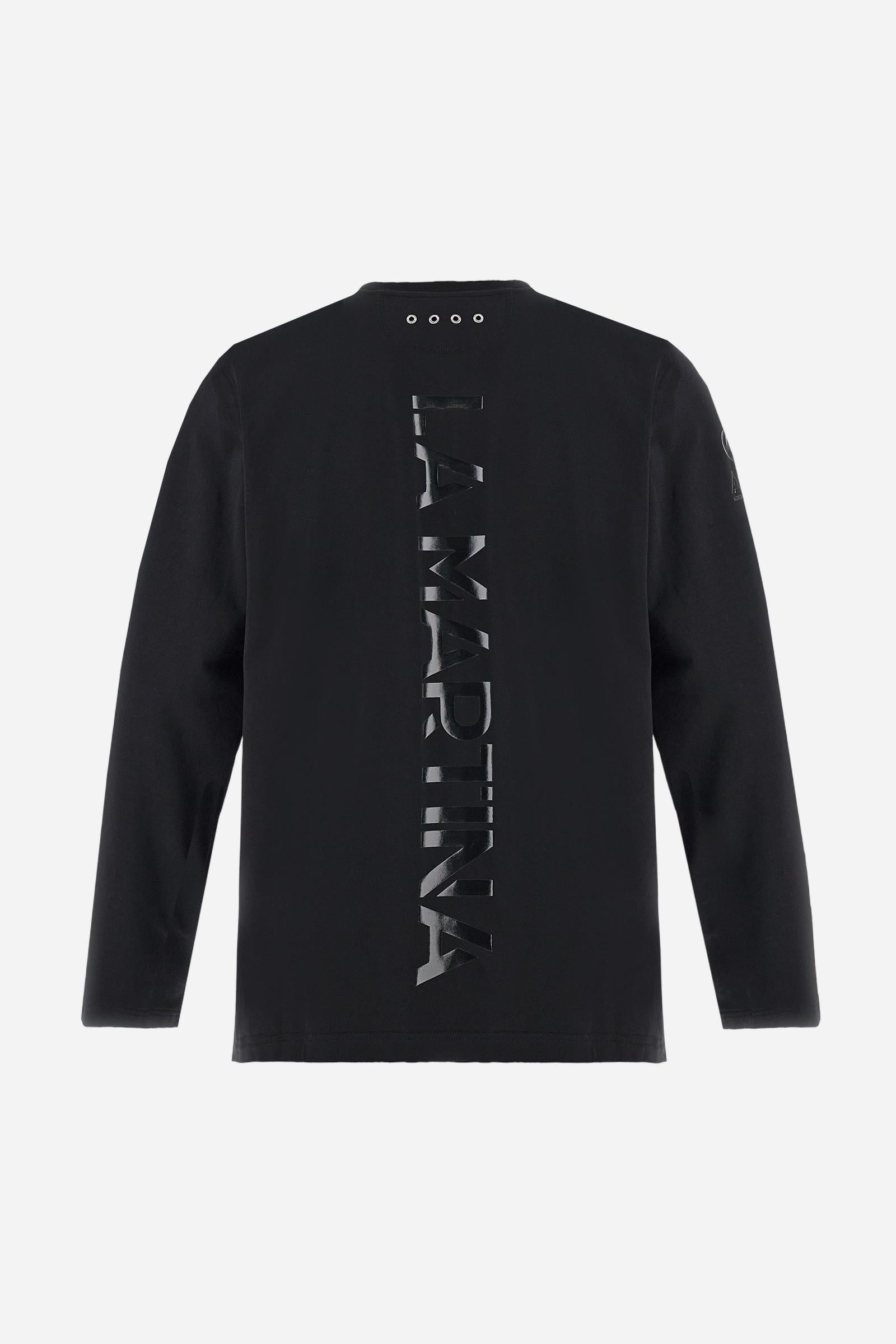 Crew-neck long-sleeve T-shirt made of 100% high-quality cotton jersey. The smooth, fluid fabric has a technical look that ensures comfort and style. A small translucent transfer logo is applied on the chest, while two Asociacion Argentina de Polo (AAP) transfers decorate the right sleeve. The large vertical translucent print on the back is a signature detail of the brand. Regular fit with clean lines and refined finishes for a simple yet distinctive piece. Model wears size L. - Black