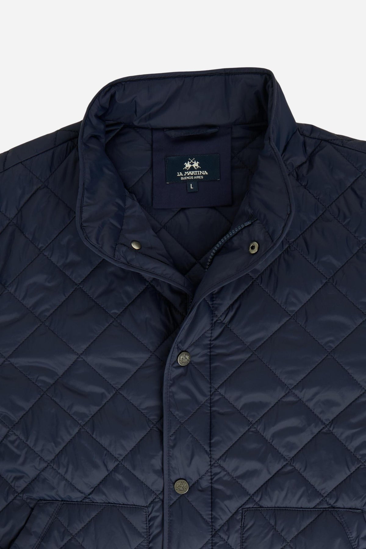 Men's quilted nylon jacket with polyamide lining and polyester padding for lightweight warmth, high collar, zip and snap closure, patch pockets, and a clean, regular fit. - Navy Blazer