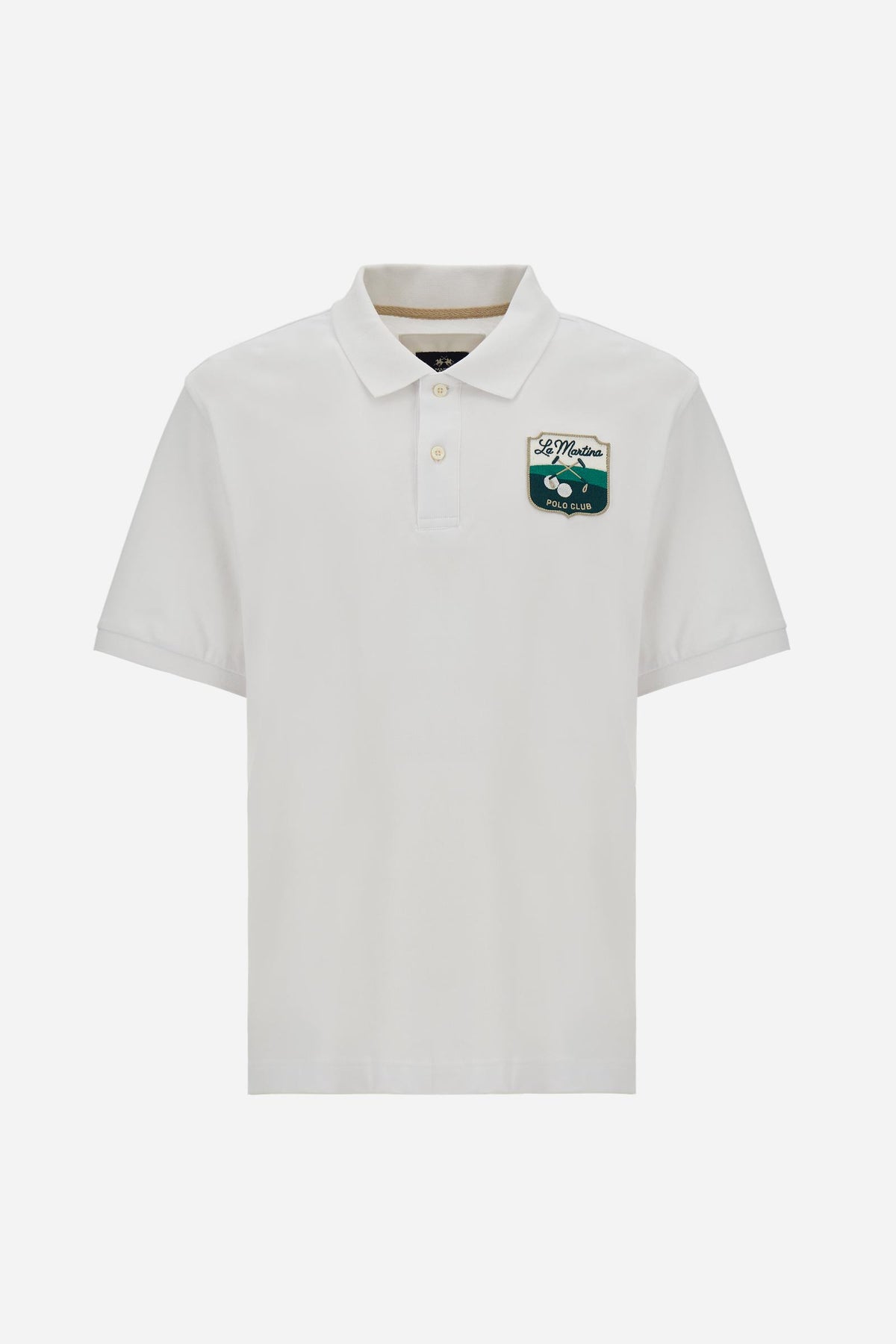Men’s short-sleeve polo in 100% cotton piqué with a two-button placket, ribbed collar, and embroidered details for a contemporary fit. - Optic White