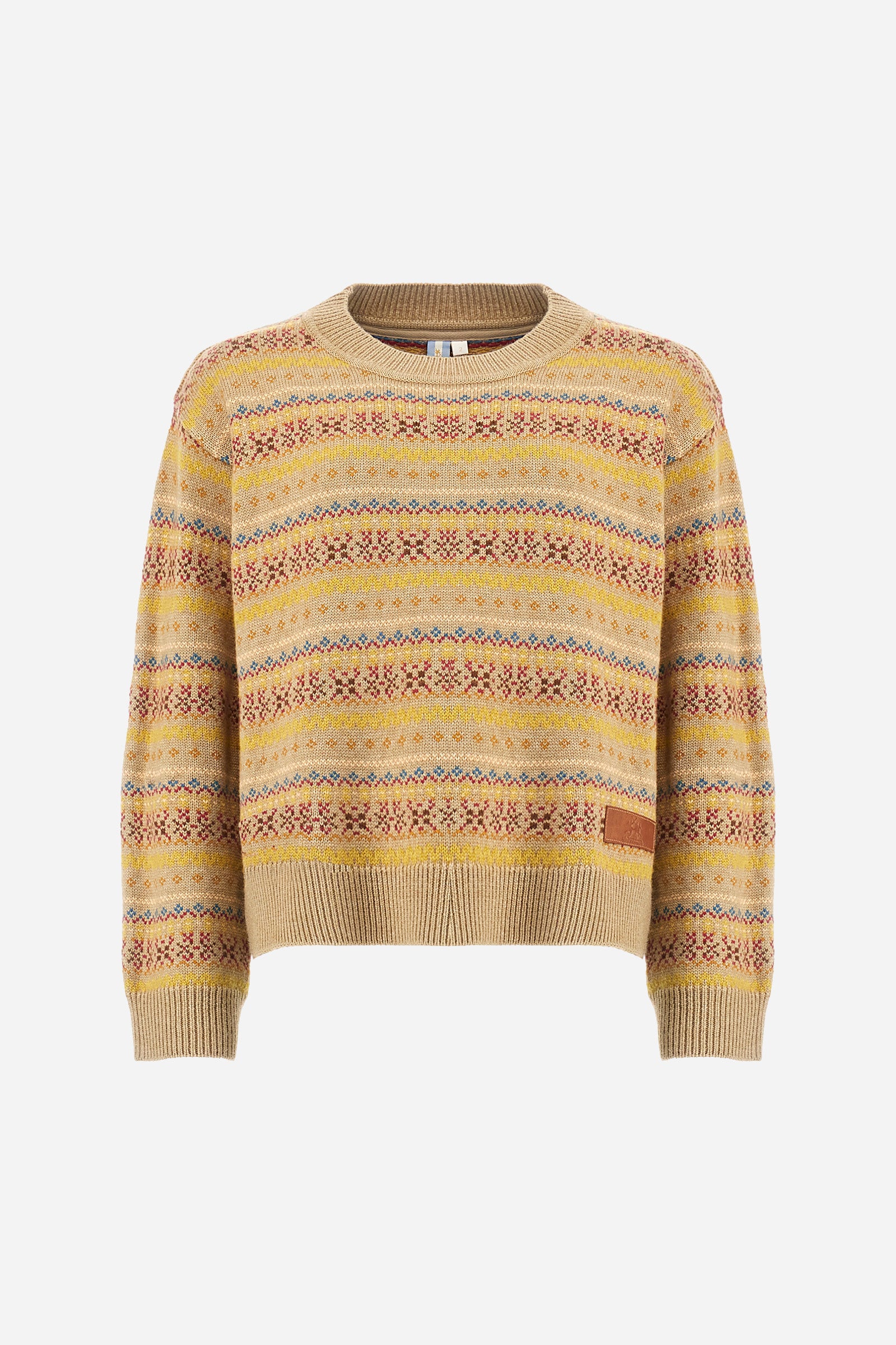 Women’s crew-neck sweater with long sleeves in lambswool blend with ribbed collar, cuffs and hem. Multicolour jacquard horizontal stripe pattern on body and sleeves. Logo on faux leather label applied to the front hem. Straight, regular fit combining style and comfort. The model wears size 2. - Safari