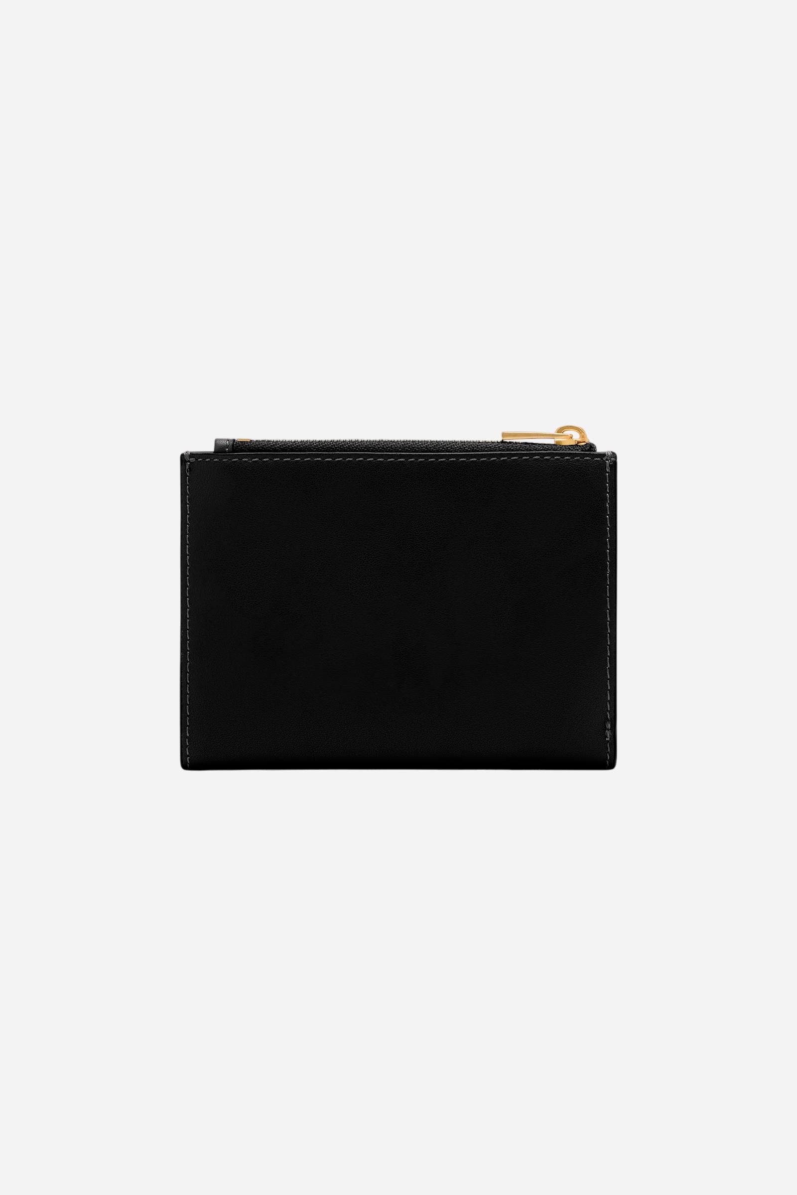 Folding wallet with zip in calfskin leather. Essential and elegant, with front flap and coin pocket. - Black
