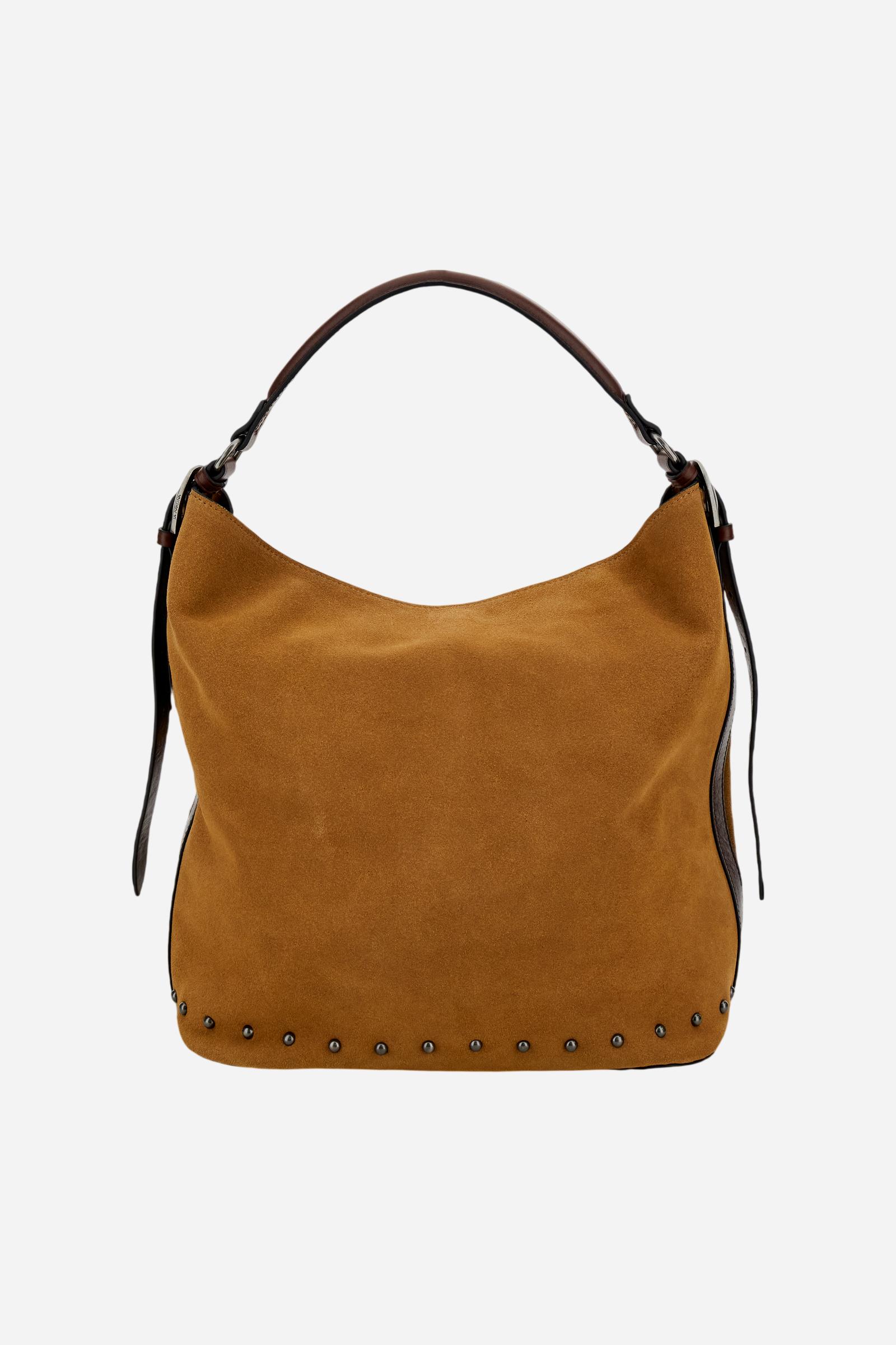 Soft suede hobo bag with leather trims, metal studs, spacious interior, zip pocket, and adjustable shoulder strap for durability and modern style. - Mou/Sienna