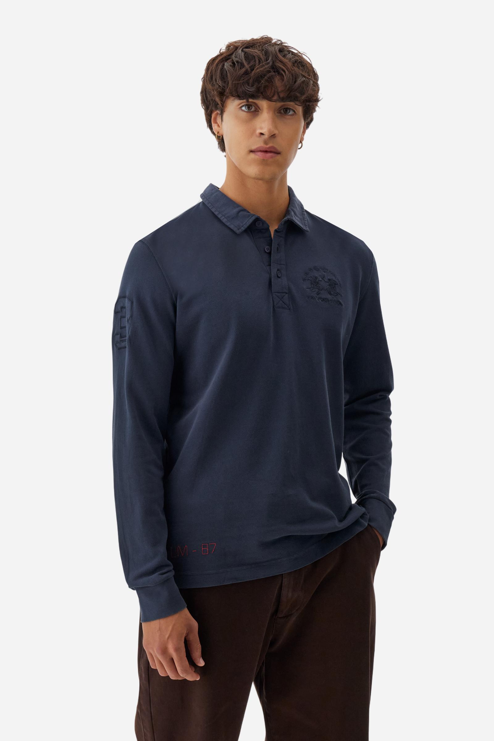 Men’s long-sleeve polo in cotton piqué garment dyed with tone-on-tone patches and embroidery. Regular fit and authentic La Martina style. - Navy                                                                                                                                                                                                                                                                                                                                                                                