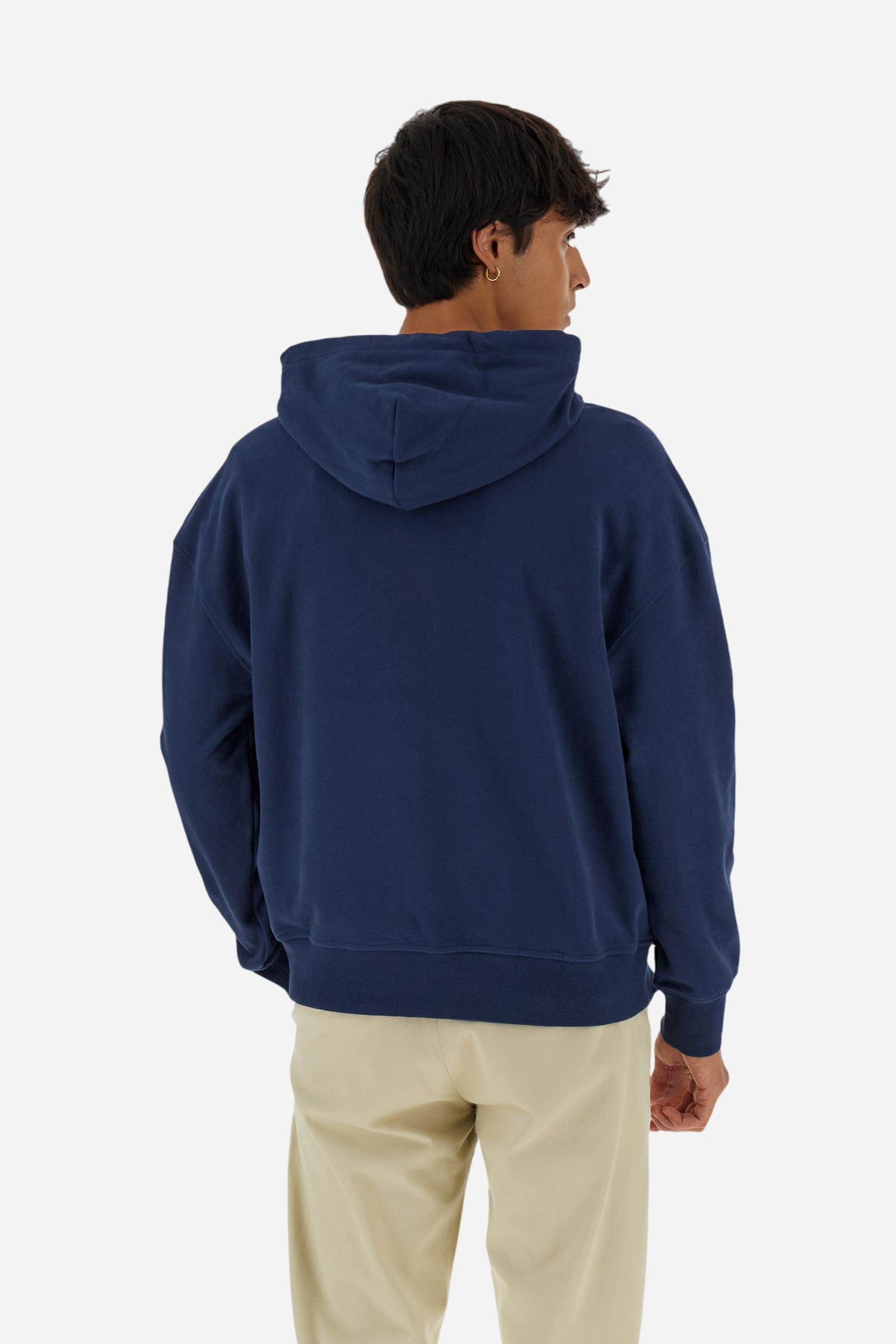 Men's long-sleeved hoodie in solid cotton French terry. Features a large kangaroo pocket, hem and cuffs in tone-on-tone rib. Adjustable hood with contrast lining. Chest and sleeves decorated with modern LM monogram graphics inspired by British polo. Contrasting embroidered logo on the chest. Regular fit for a relaxed and comfortable silhouette. Model wears size L. - Navy
