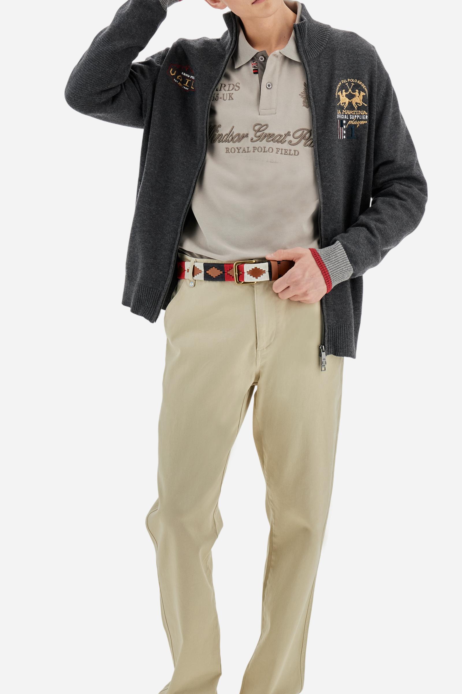 Long-sleeve polo shirt in warm cotton jersey. Ribbed collar with subtle textured detail, contrast undercollar and placket. Logo and Guards crest embroidered in contrast on the chest, paired with raised embroidered lettering inspired by Windsor tradition and British polo. Regular fit for an elegant yet relaxed style. Model wears size L. - Moon Rock