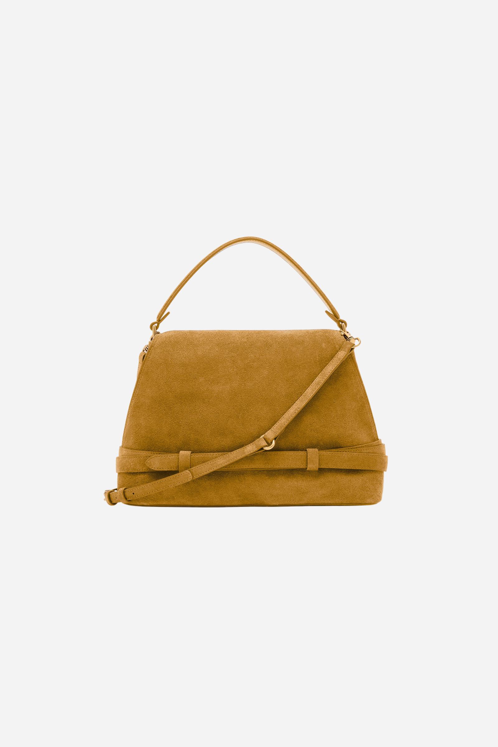 Trapeze tote bag in suede. Elegant and sophisticated, with flap closure, rigid handle and removable strap. - Honey