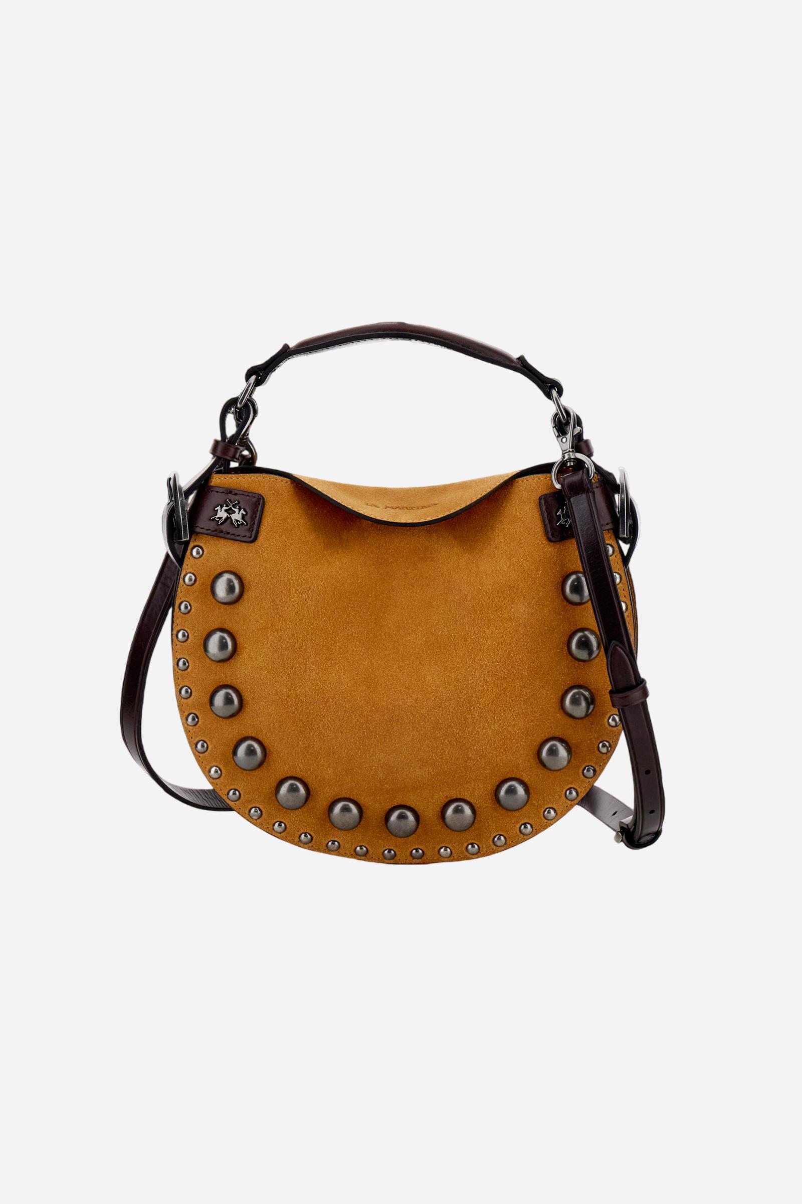 Small suede crescent bag with contrasting leather handles and strap, enhanced with small decorative studs. - HONEY/DARK CHOCOLATE