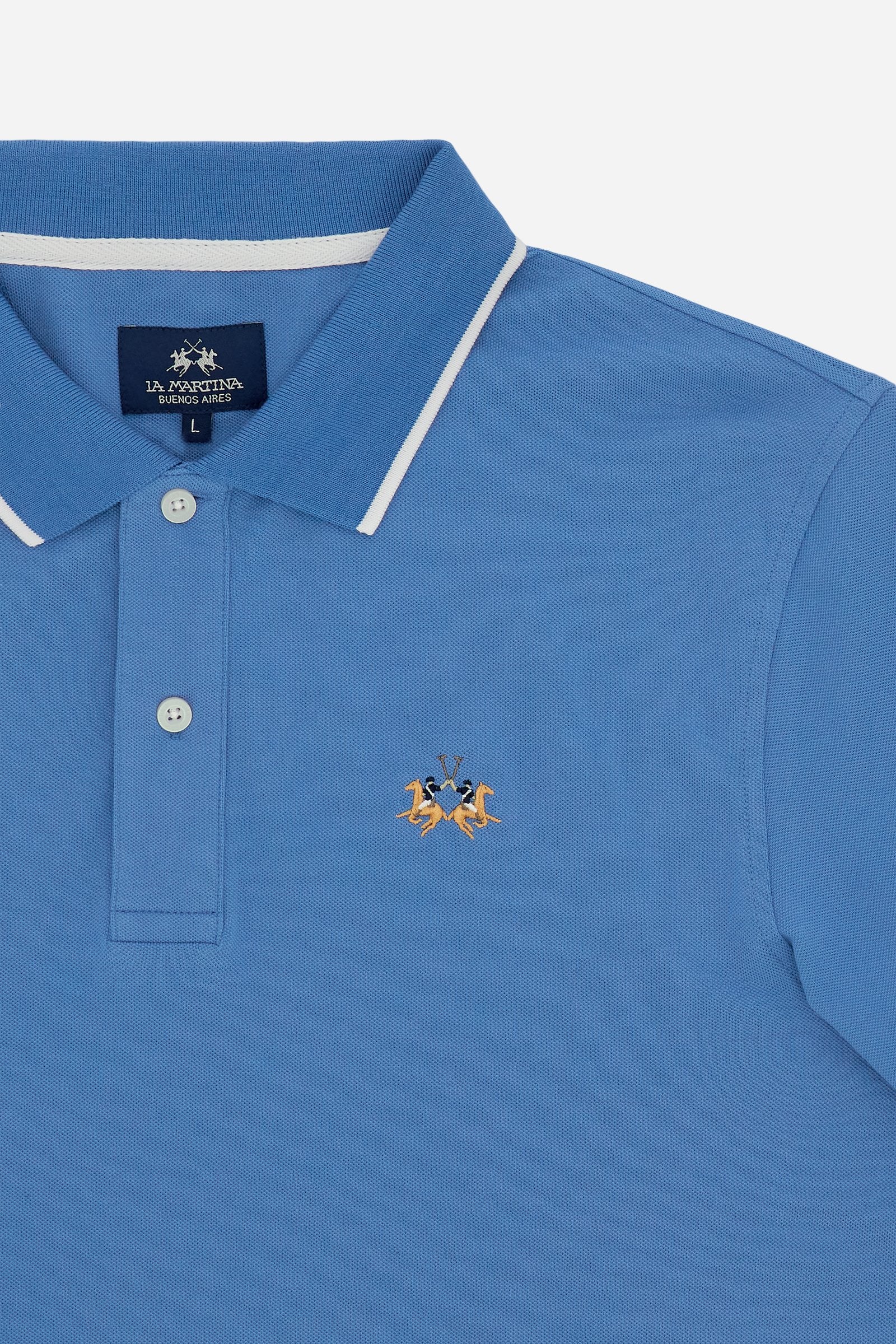 Men’s short-sleeve stretch piqué polo shirt with a regular fit. Ribbed trims with contrast piping, tricolour logo and embroidered undercollar detail. - Riviera                                                                                                                                                                                                                                                                                                                                                                 