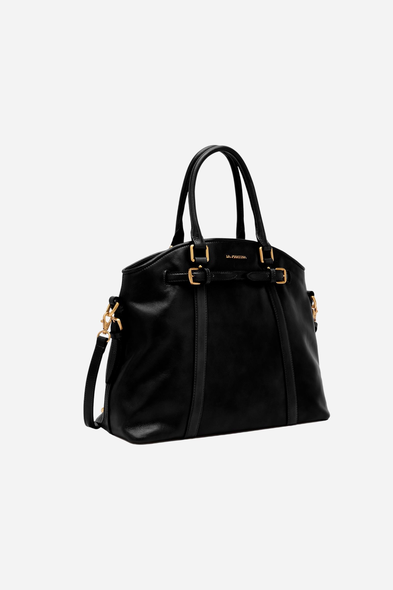 Vintage-finish calfskin tote bag with semi-rigid structure, handles, strap, and gold-tone metal details for timeless elegance. - Black