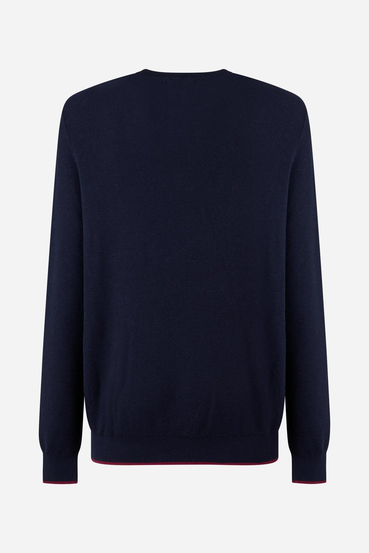 Men’s long-sleeve sweater in a soft cotton-wool blend with fine knit, ribbed crew neck, cuffs, hem, and subtle embroidered logo for a clean, comfortable fit. - Navy